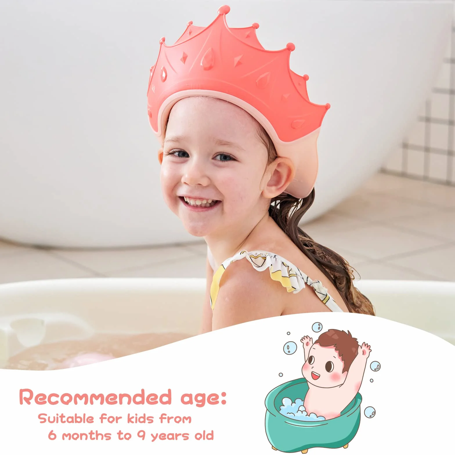Cuffia da doccia per bambini regolabile impermeabile, protezione shampoo senza lacrime, 0-9 anni (rosso)