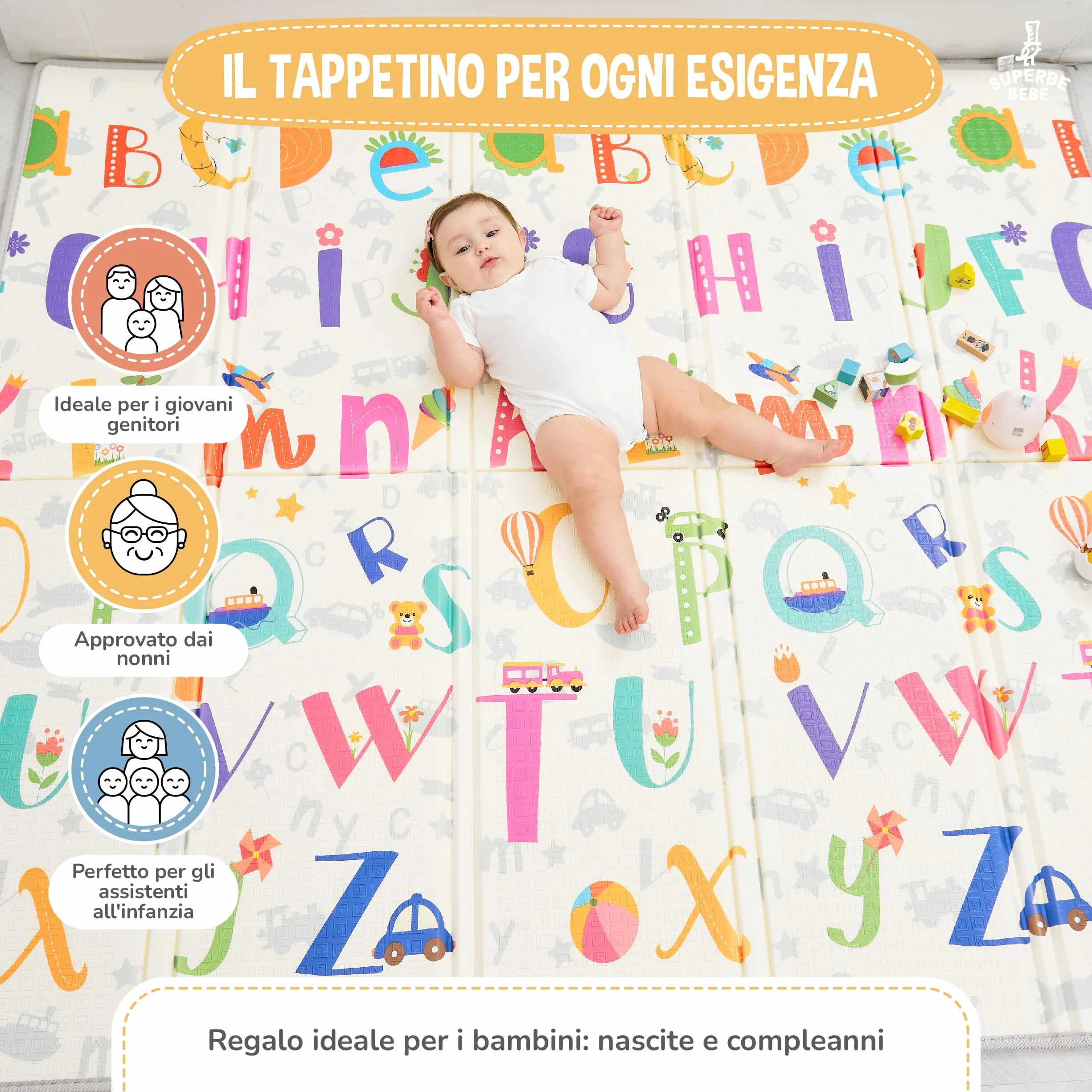 Mat Play Mat Pieghevole 180x200x1.5cm Neonato Montessori Reversibile Impermeabile
