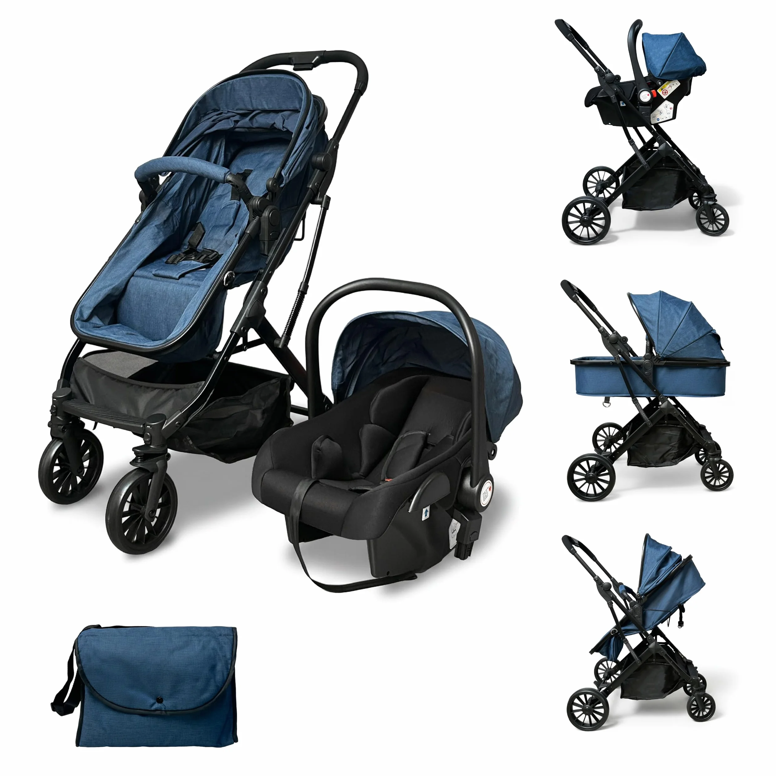 Passeggino Trio 3 in 1 con Navicella, Ovetto e Borsa Mamma, Reversibile, Schienale Reclinabile, Chiusura Compatta, 6-36 Mesi (Blu)