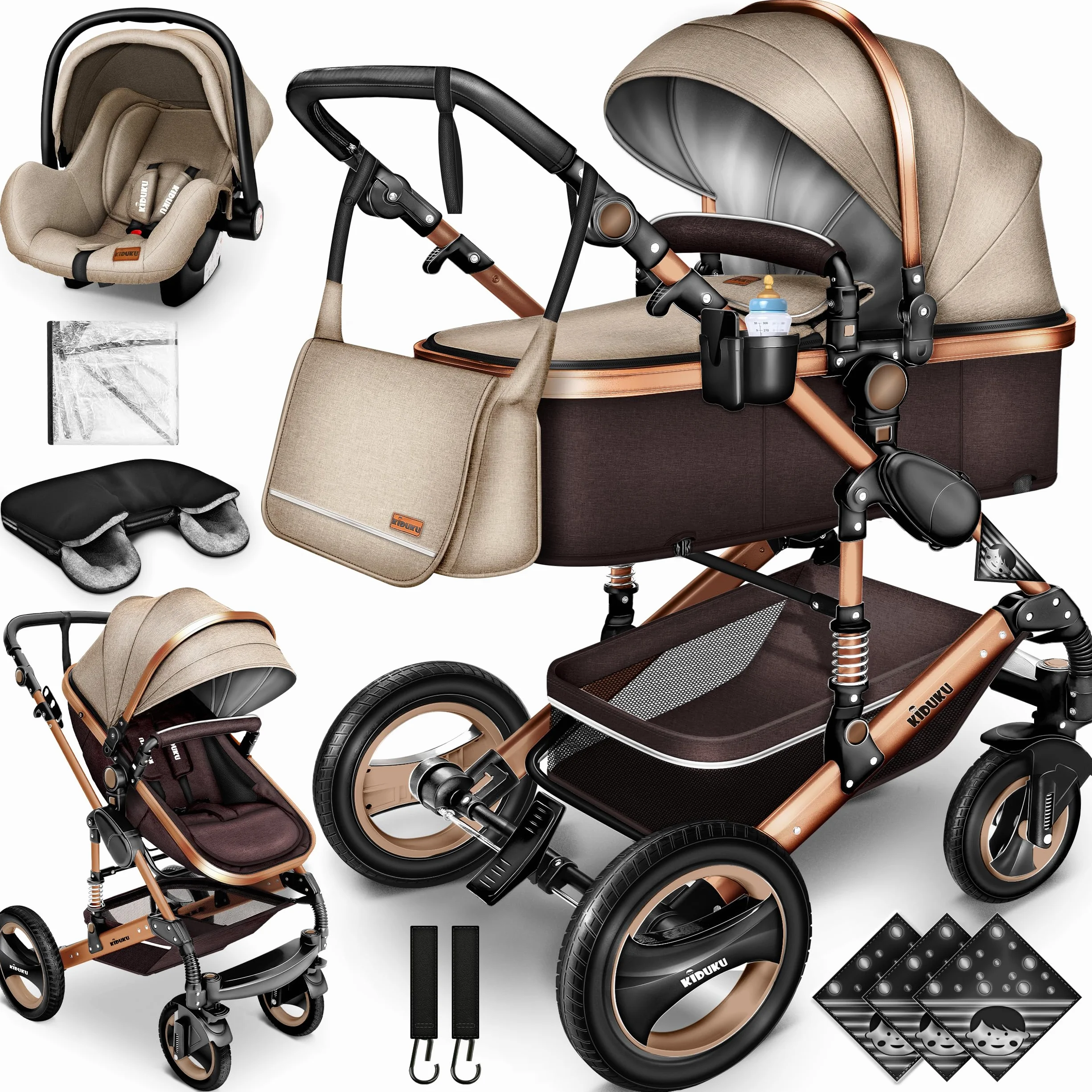 KIDUKU 3 in 1 Passeggino Completo Trio Sistema Combinato con Navicella Ovetto Seggiolino Auto Coprigambe ECE R129