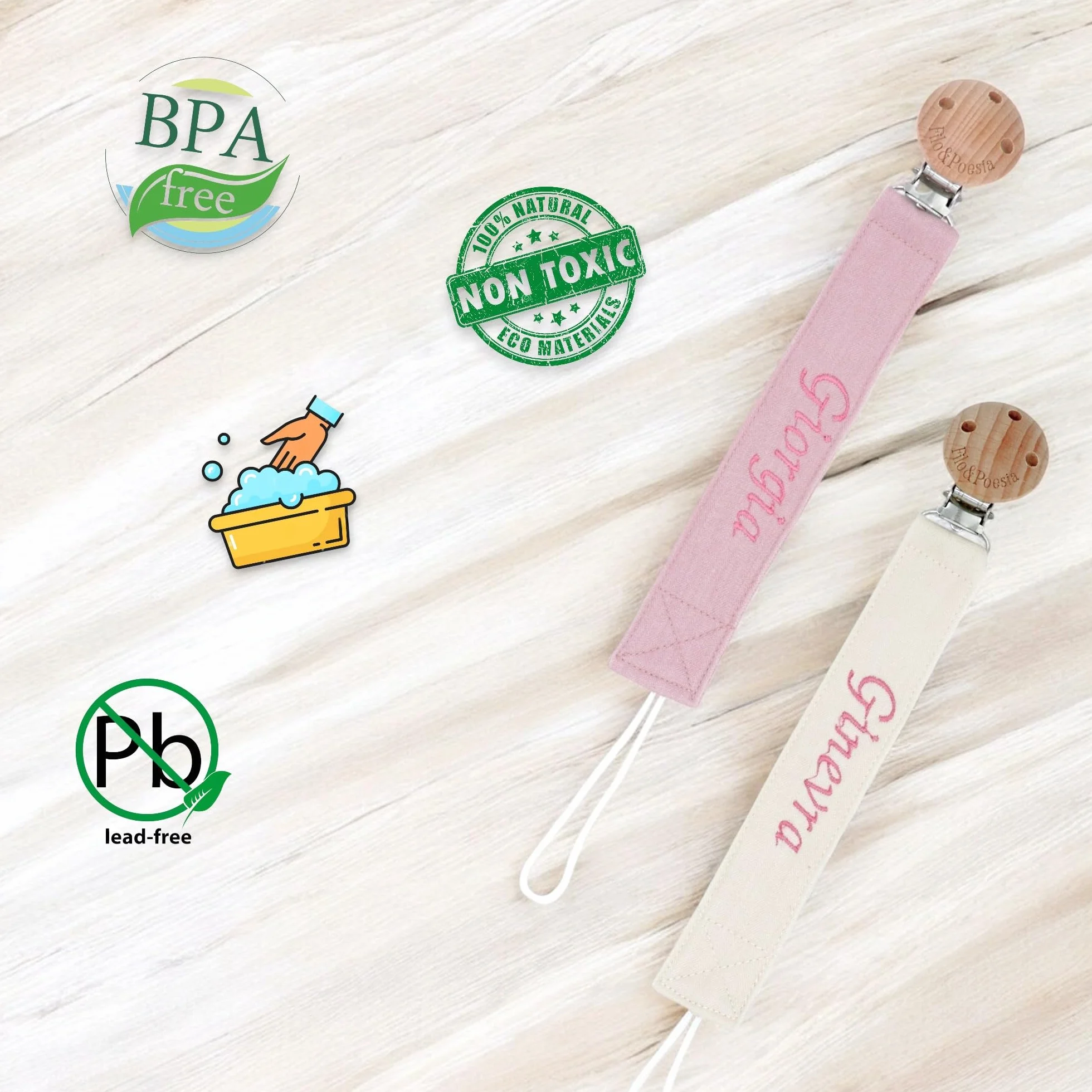 Portaciuccio Personalizzato con Nome Ricamato 2 Pezzi Rosa-Beige Filo e Poesia