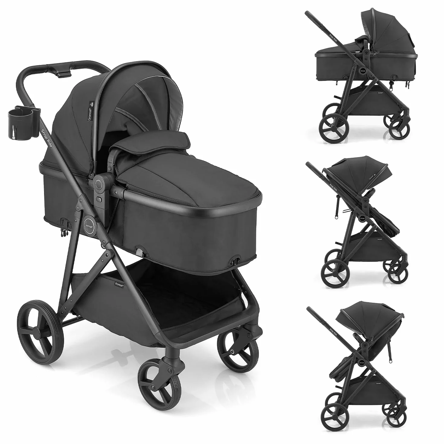 Gromast Passeggino 3 in 1 Trasformabile per Neonati con Sedile Reversibile, UPF 50+, Nero