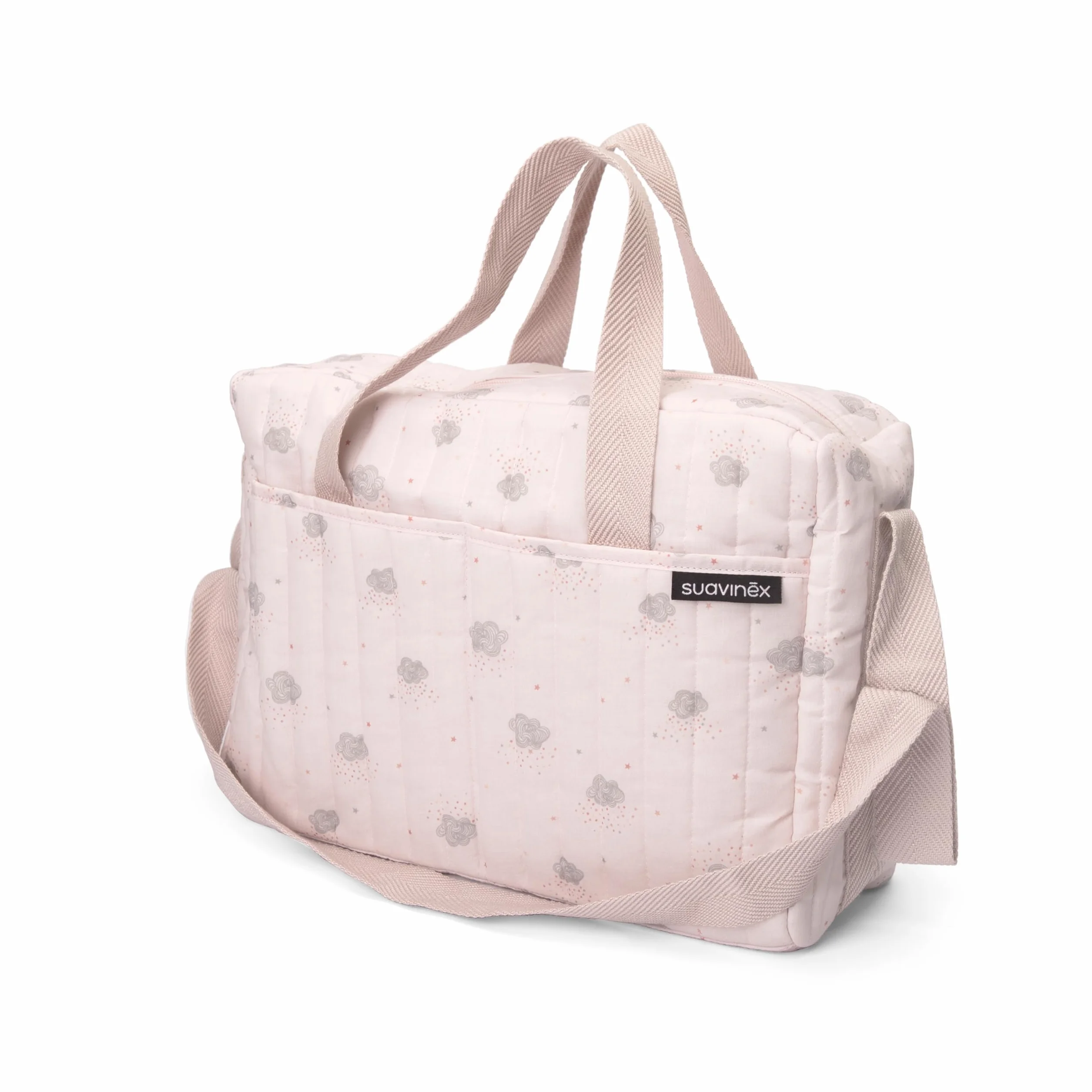 Suavinex Borsa cambio bambino con cosmetici Gel detergente delicato 300 ml Latte idratante 300 ml Crema cambio 75 ml Salviette 60 unità Regalo nascita rosa