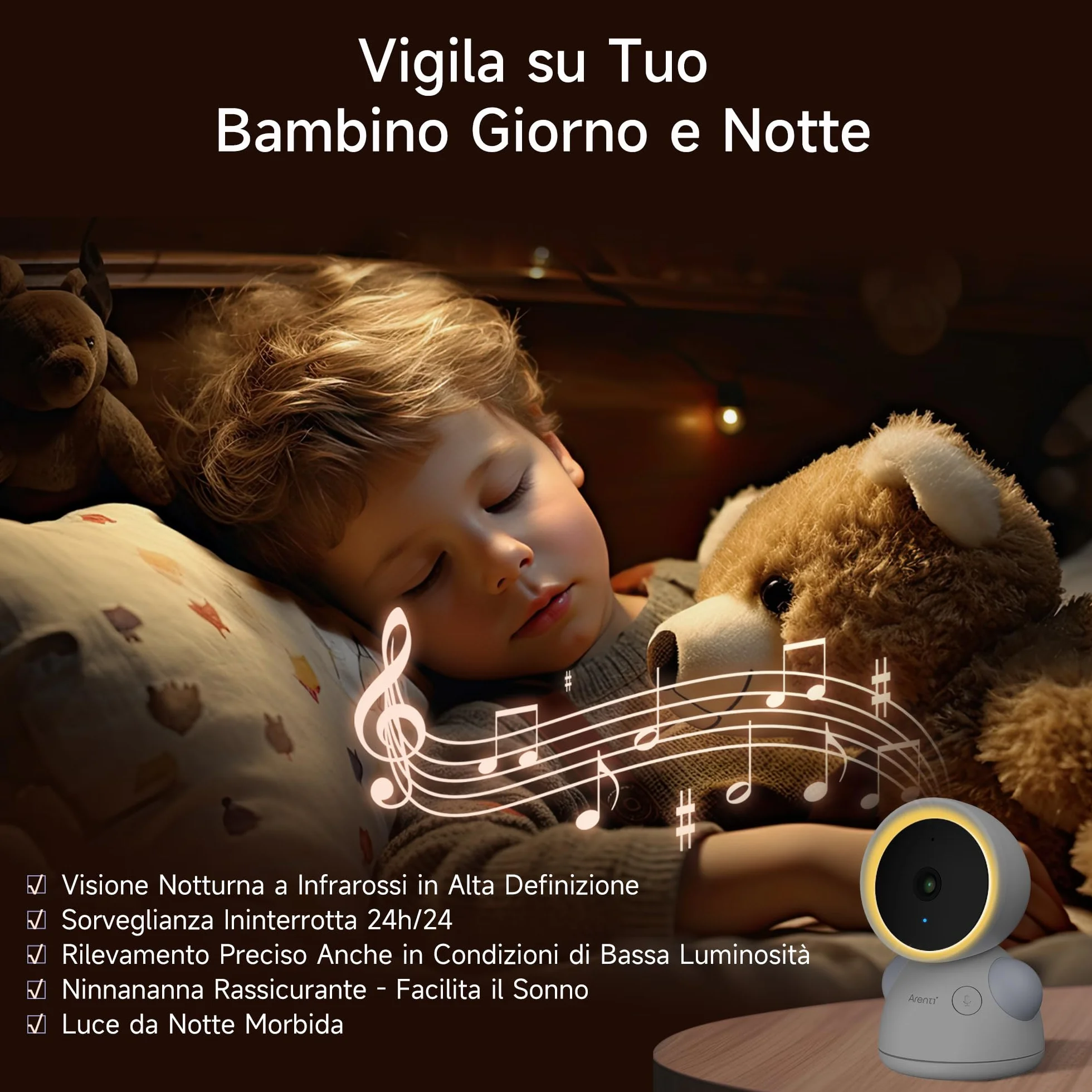 ARENTI Baby Monitor Video e Audio 2K, Telecamera Bambini con Monitor 5'', Rilevamento di Temperatura/Umidità e Suoni/Movimenti, Visione Notturna, Audio Bidirezionale