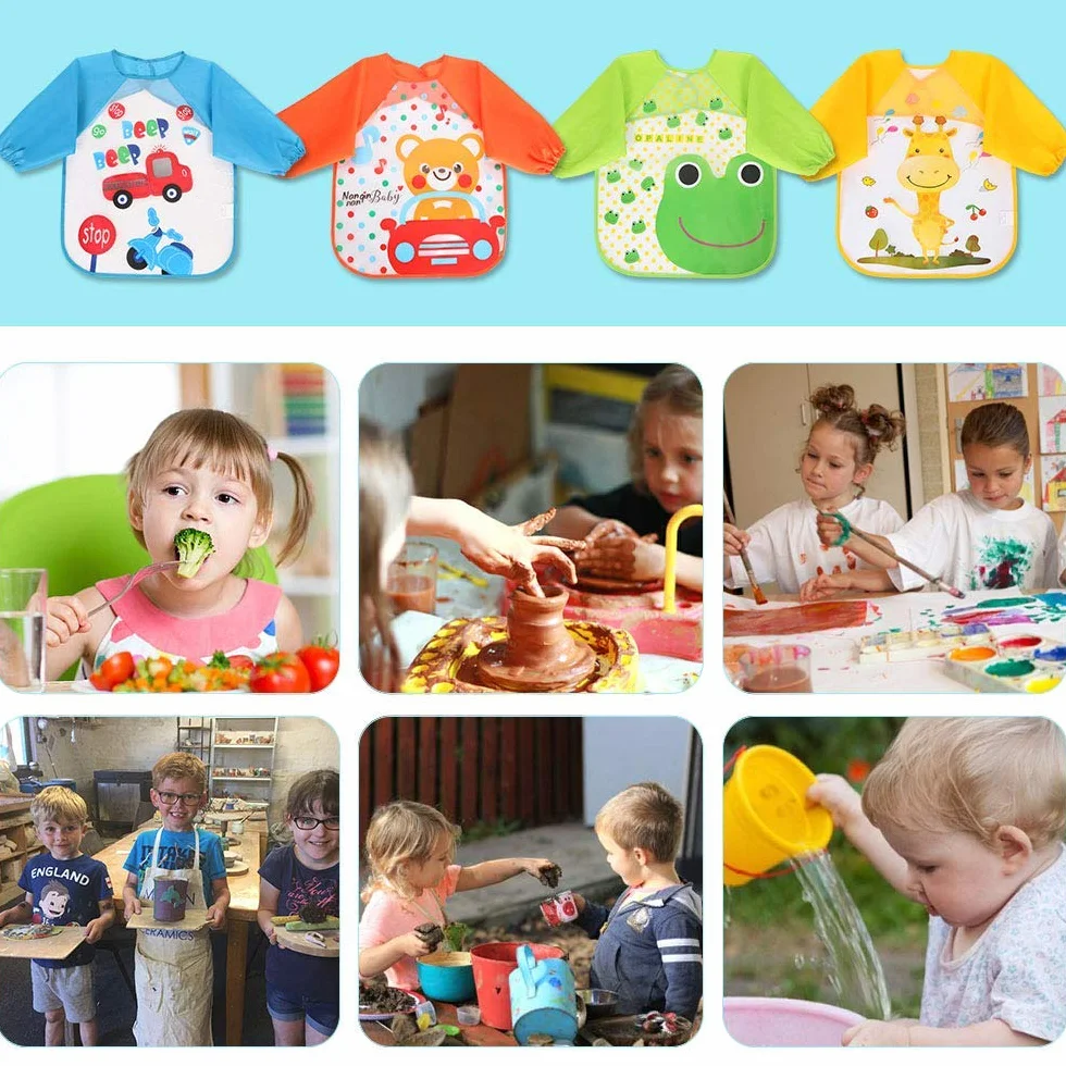 Vicloon Set di 4 Bavaglini Impermeabili con Maniche Lunghe per Bambini 6-36 Mesi