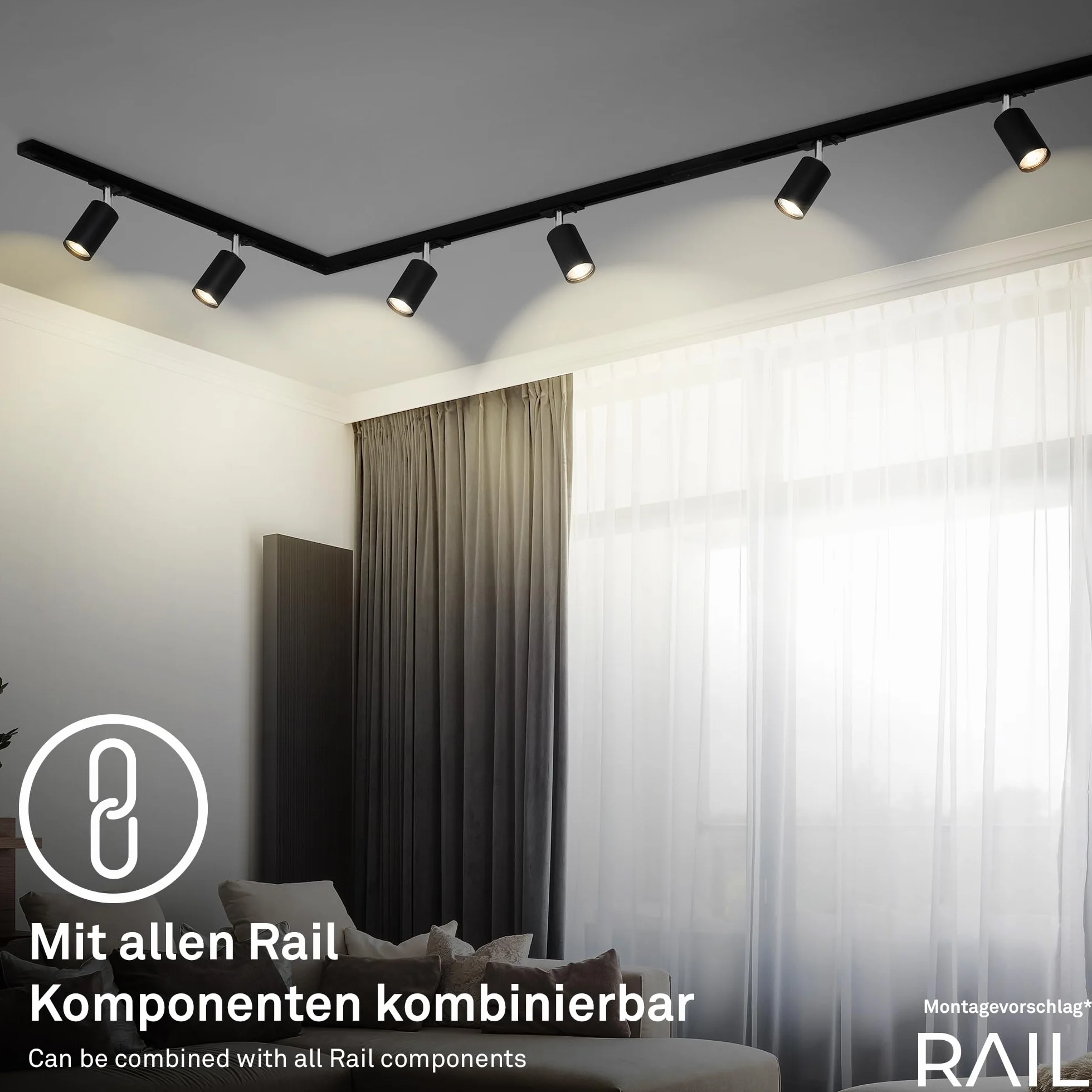 BRILONER - Set iniziale di binari, 4x spot GU10 orientabili, espandibili, sistema di illuminazione a binario a soffitto, binario per faretti, lampada a soffitto, plafoniera, faretto, 9W, 1,5 m, nero
