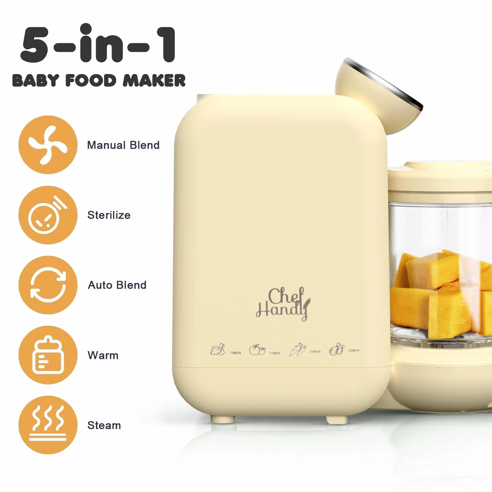 Cuocipappa Multifunzione 5 in 1 per Neonati, Cuocivapore Frullatore, Grande Capacità, Giallo