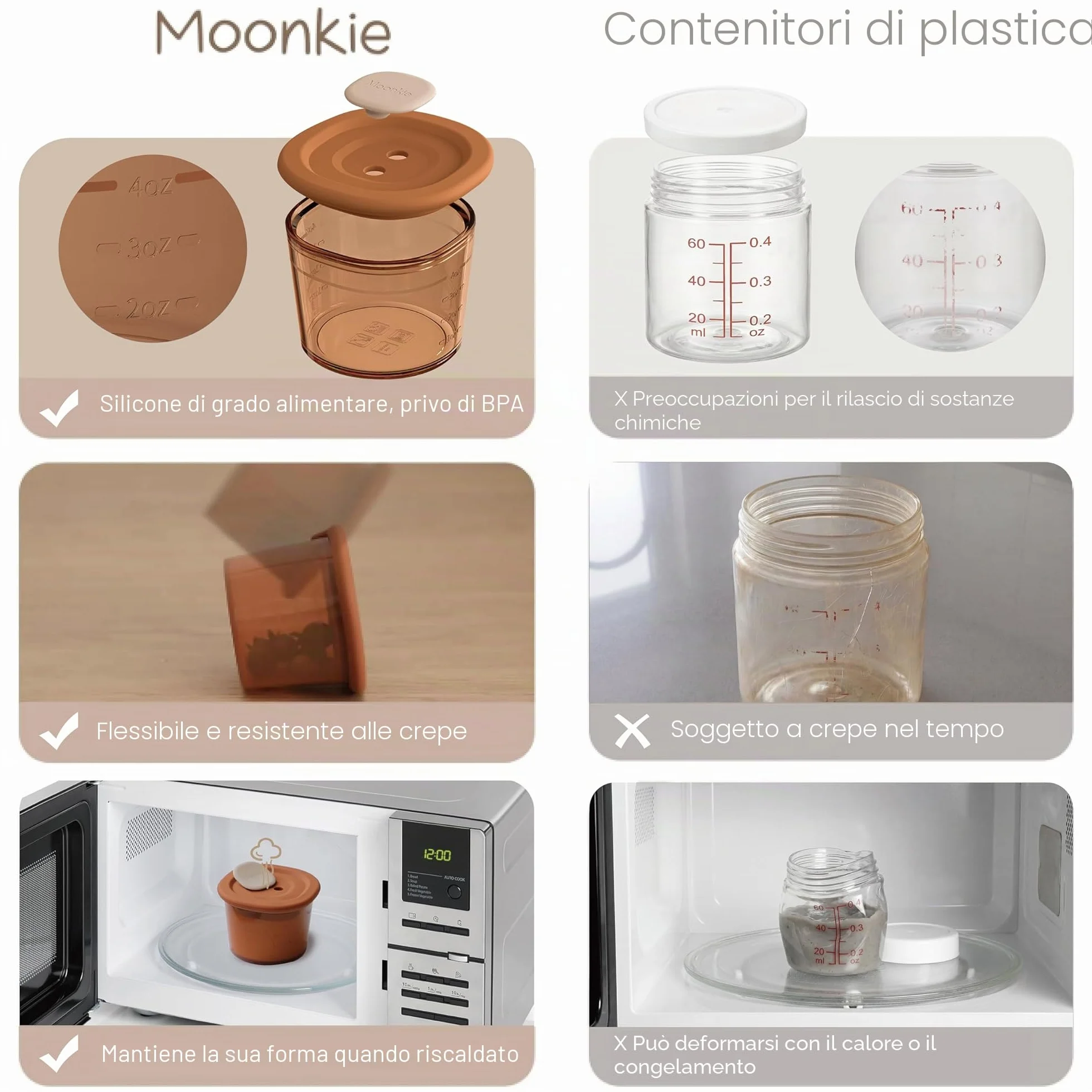 Moonkie Contenitori Pappa Neonati 120ml 6 Pezzi Vasetti Silicone Ermetici Senza BPA per Lavastoviglie Freezer Microonde