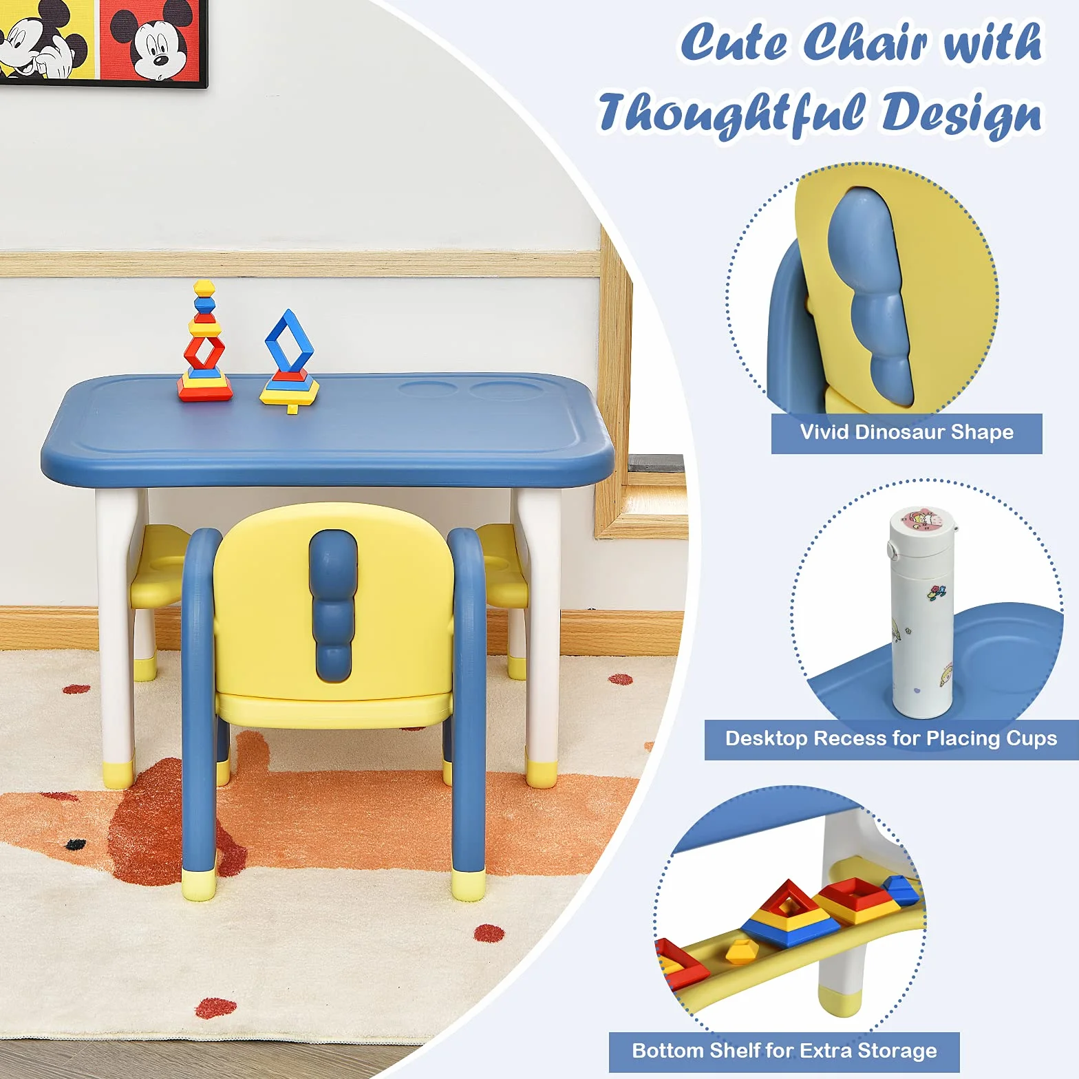 RELAX4LIFE Set Tavolo e Sedia per Bambini, Sedia a Forma di Dinosauro, Inclusi 3 Set di Costruzioni, Carico 30 kg (Blu)