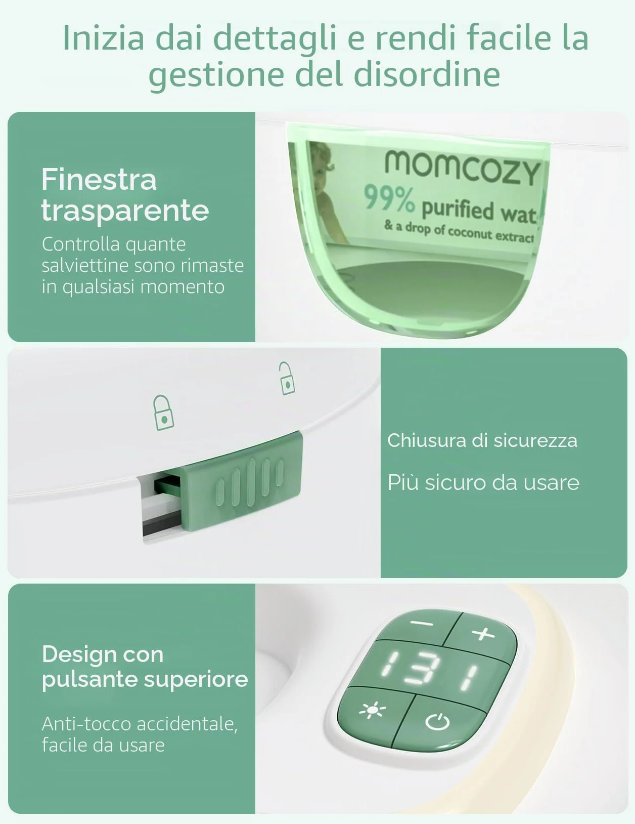 Momcozy Scalda Salviette Neonato, Dispenser Salviettine Grande Capacità, Riscaldamento Rapido Uniforme, 4 Livelli Temperatura, Luce Notturna