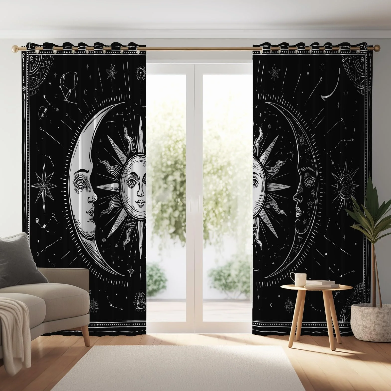 Tende Oscuranti Termiche L 140 x A 260 cm 2 Pezzi Retro Fantasy Sole Luna E Astrologia Nero Anti Luce Anti UV Isolanti Dal Calore Con Occhielli