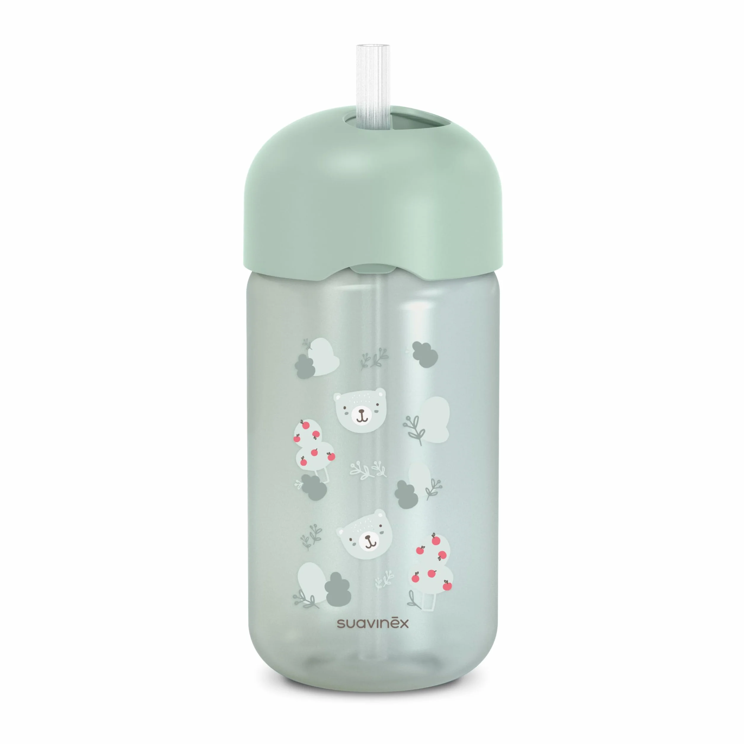 Suavinex Bicchiere Evolutivo Neonati 18 Mesi Cannuccia Silicone Morbido Flessibile Anti-fuoriuscita Anti-gocciolamento Coperchio 340 ml Wild&Free verde