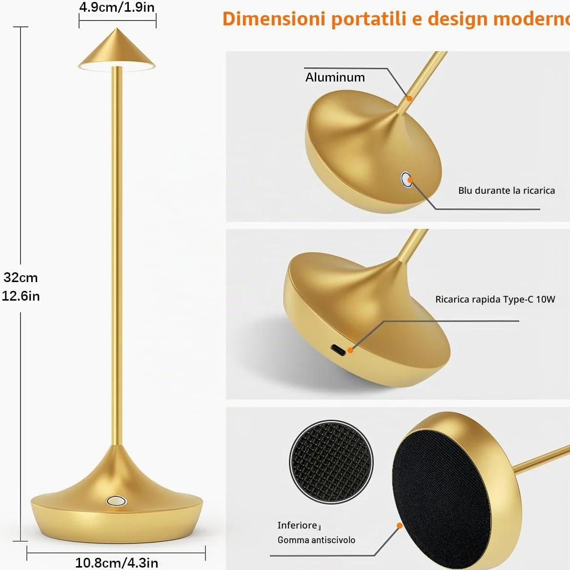 Lampada da Tavolo Senza Fili, Moslumin 6000mAh Ricaricabile LED Lampada da Comodino USB, Impermeabile, Alta qualità in Alluminio, Dimmerabile, Luce Batteria per Scrivania Esterno Ristorante (Oro)