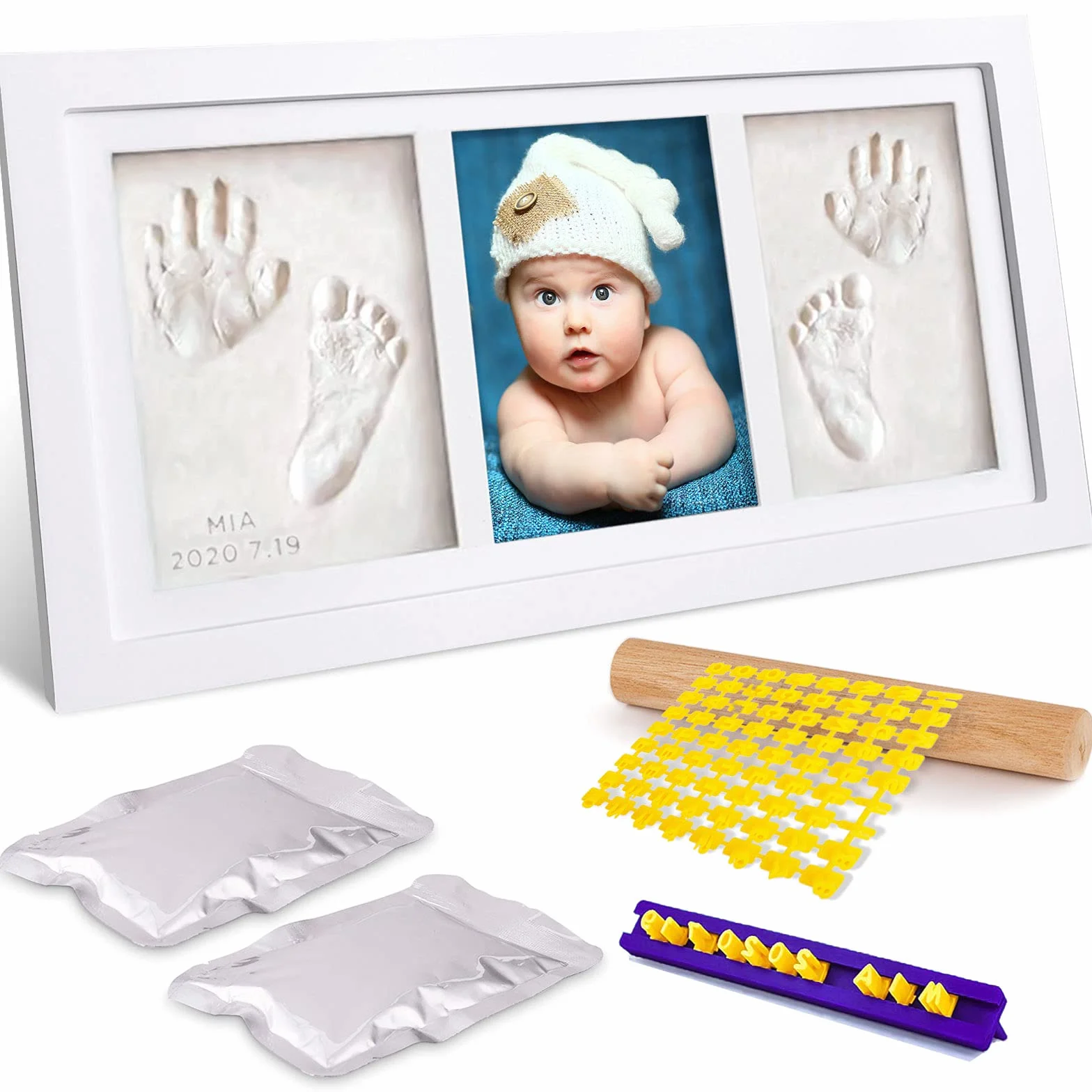 Kit Porta Foto Impronta Mani e Piedi Neonati, Cornice Impronte Neonato con Portafoto Legno e Argilla