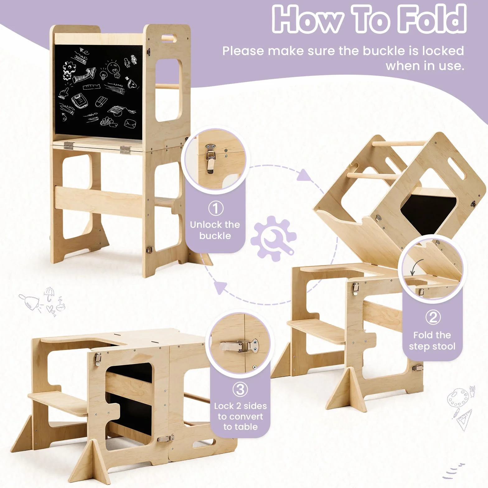 Labebe 4 in 1 Pieghevole Torre di Apprendimento Montessori per Bambini con Lavagna Nera Legno Anti-Ribaltamento 18 Mesi