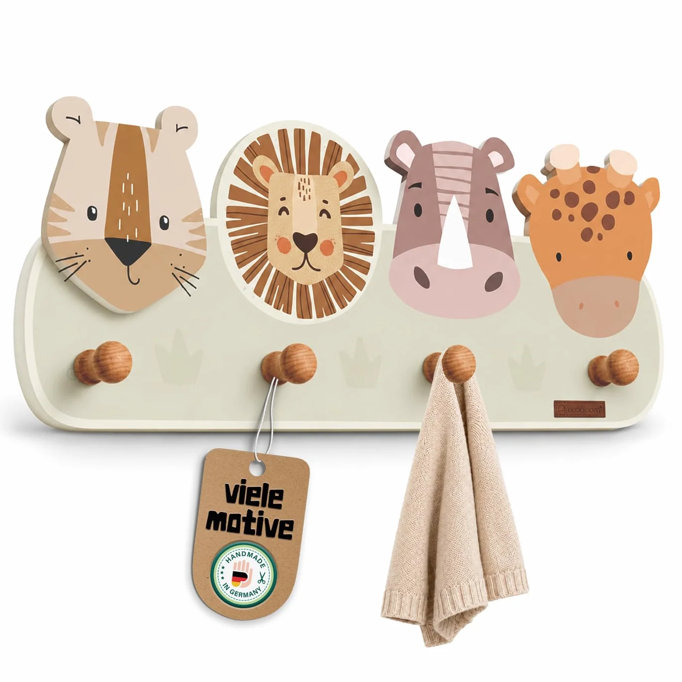 Mikkvill Armadietto per bambino con 4 ganci Appendiabiti da parete in legno motivi animali