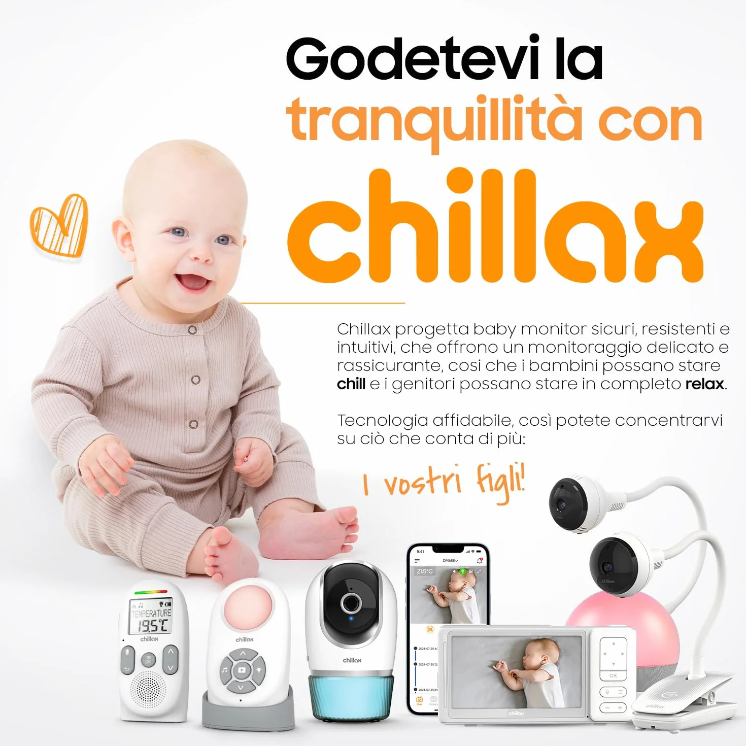 CHILLAX CB260 Baby monitor Audio DECT Schermo LCD VOX Mode Eco Sensore temperatura Portata 340m