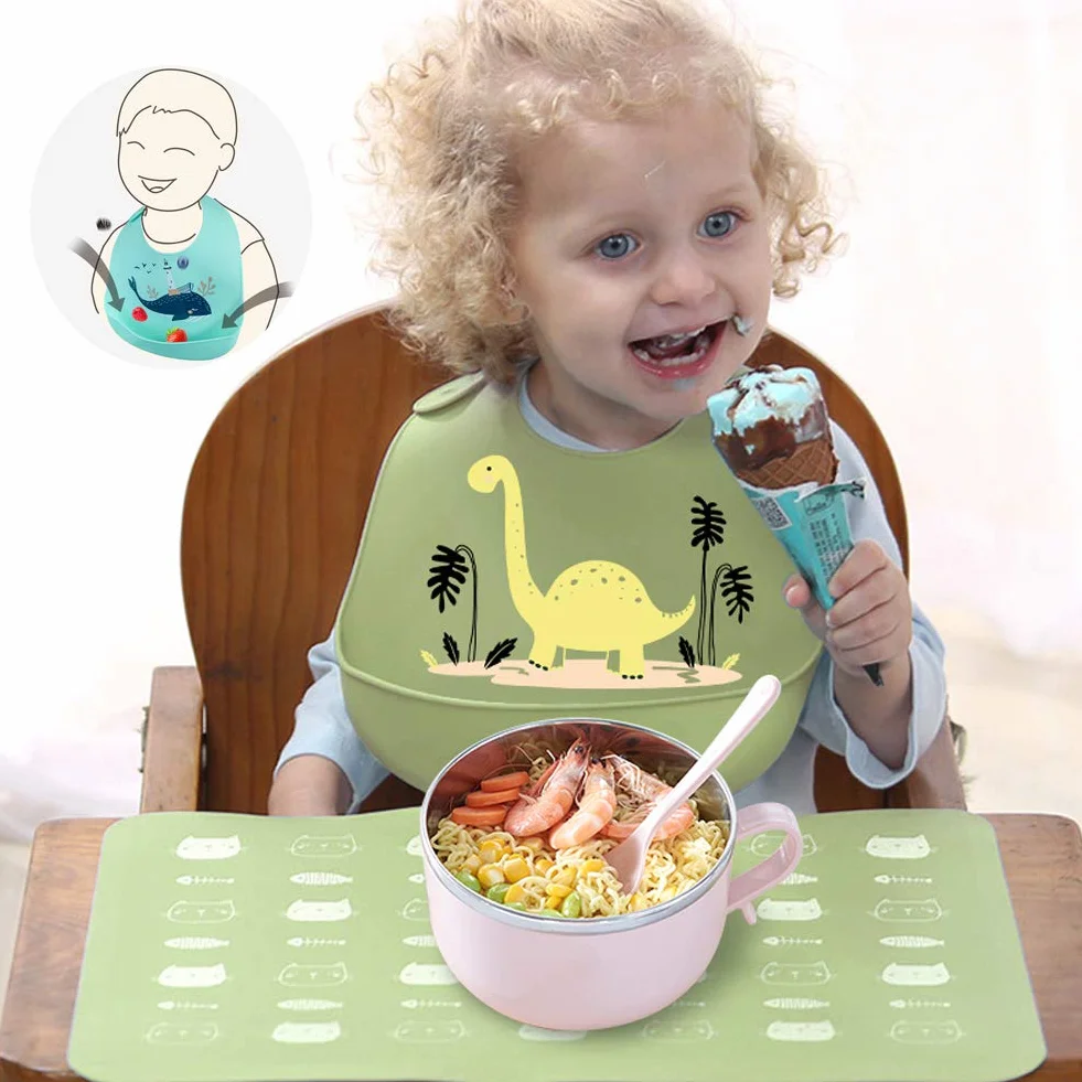 Bavaglini in Silicone Impermeabile 3 Pezzi con Tasca Raccoglipappa per Bambino