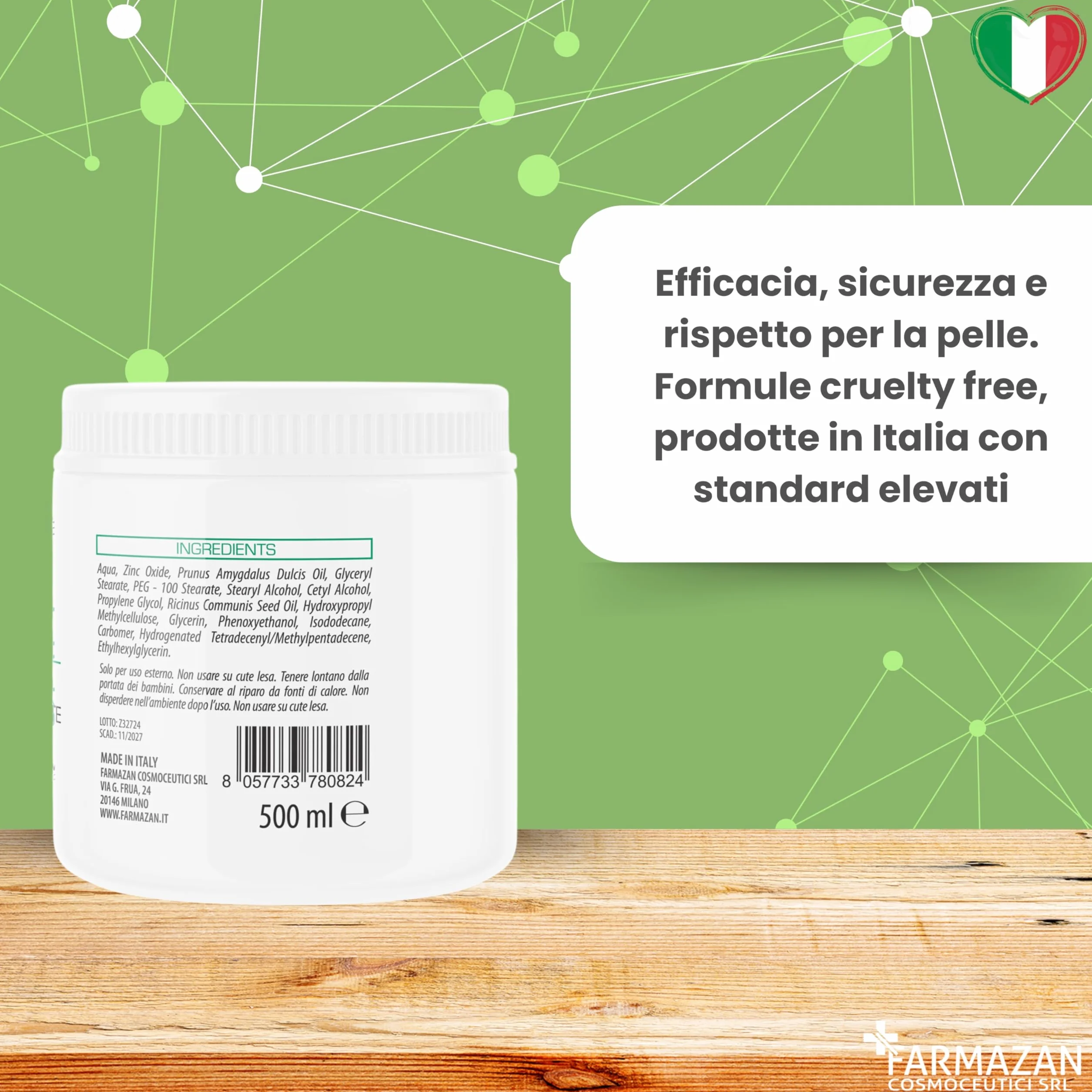 Crema Ossido di Zinco 10% 500ml Protettiva Lenitiva Idratante Senza Profumo Olio di Mandorla e Ricino Cambio Pannolino Pelli Delicate Made in Italy