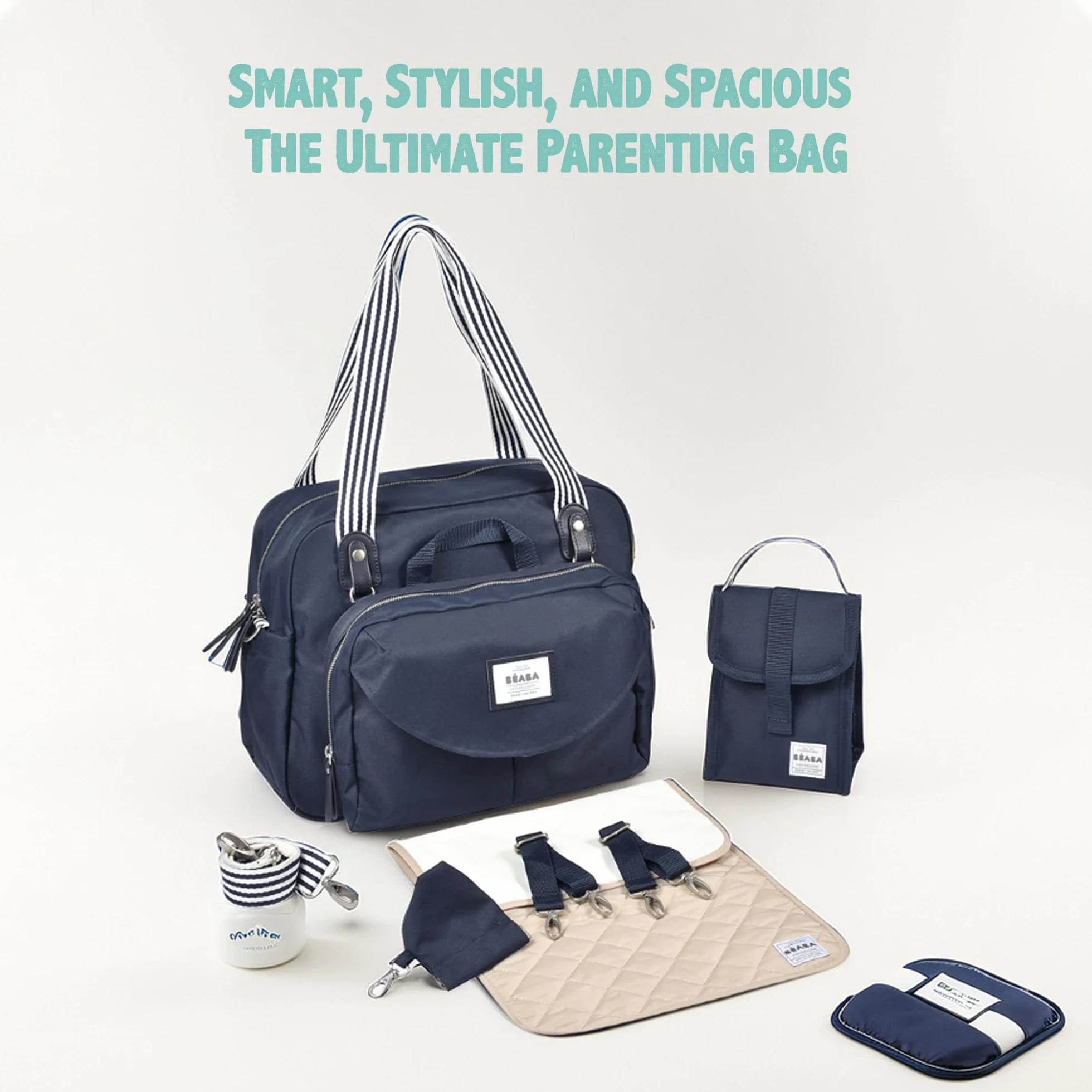 BÉABA Borsa Fasciatoio Genève II Borsone Pannolini Materassini Cambio Neonato Modulabile Taschino Isotermico Pasti Sistema Aggancio Passeggino Blu