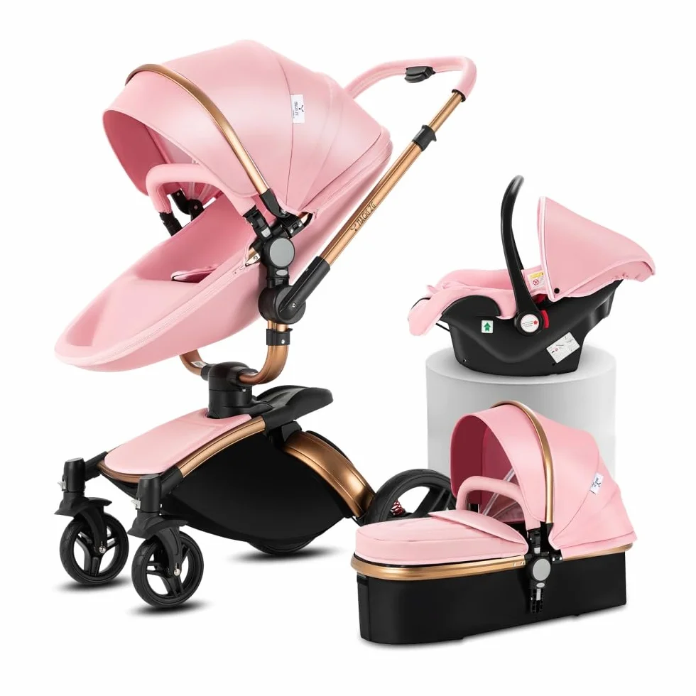Passeggino 3in1 in pelle PU rotabile 360° con modalità culla | Pieghevole con un clic Convertibilità da neonato a toddler Rosa