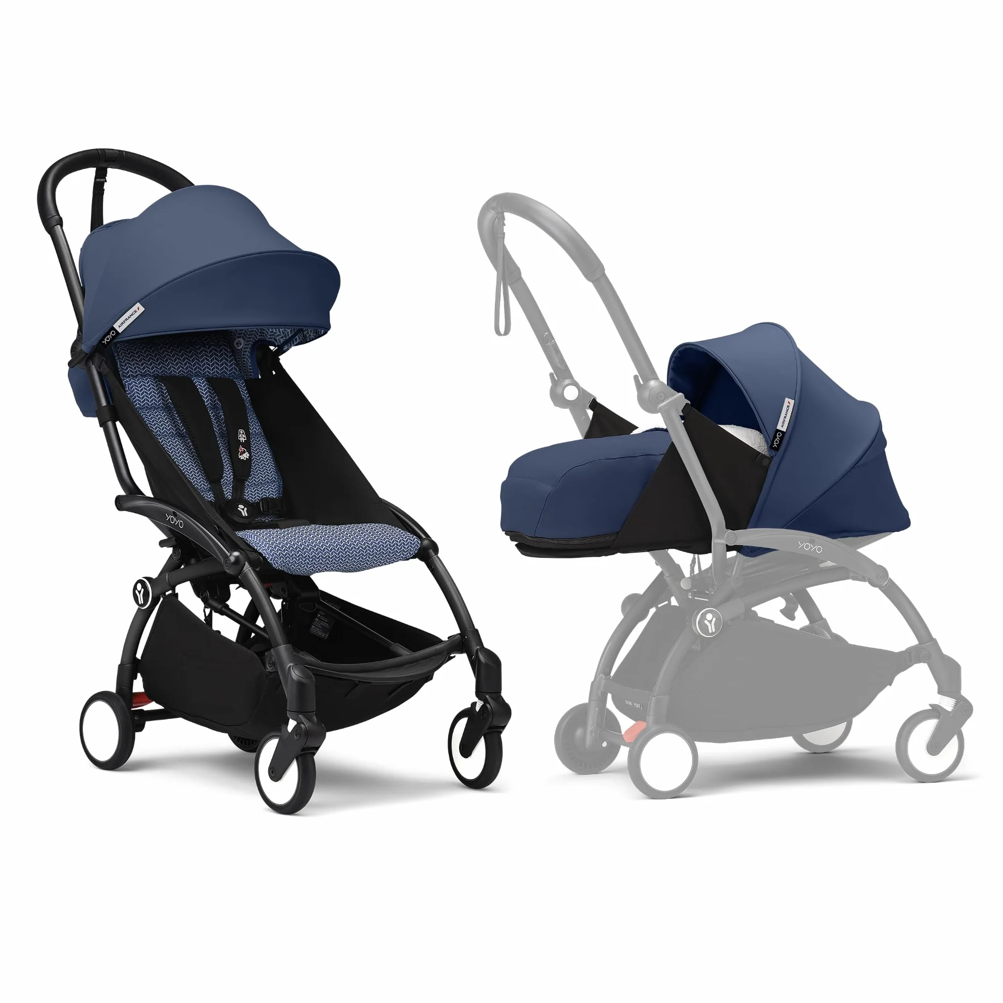 Stokke YOYO3 Passeggino con Newborn Pack - Telaio Nero, 6+ Color Pack Air France Blue, 0+ Newborn Pack Air France Blue