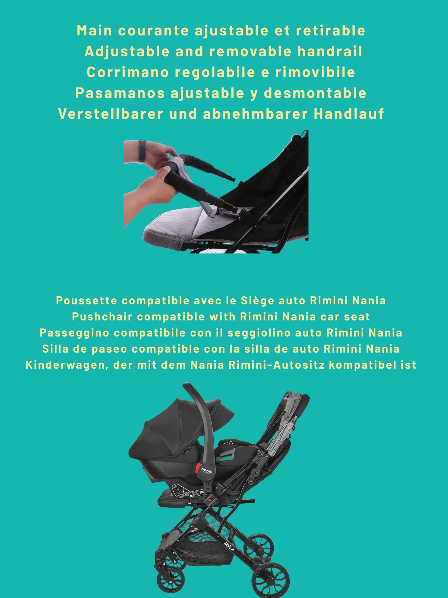 Nania Myla passeggino compatto 0-4 anni 22 kg leggero 7,5 kg reclinabile una mano trolley