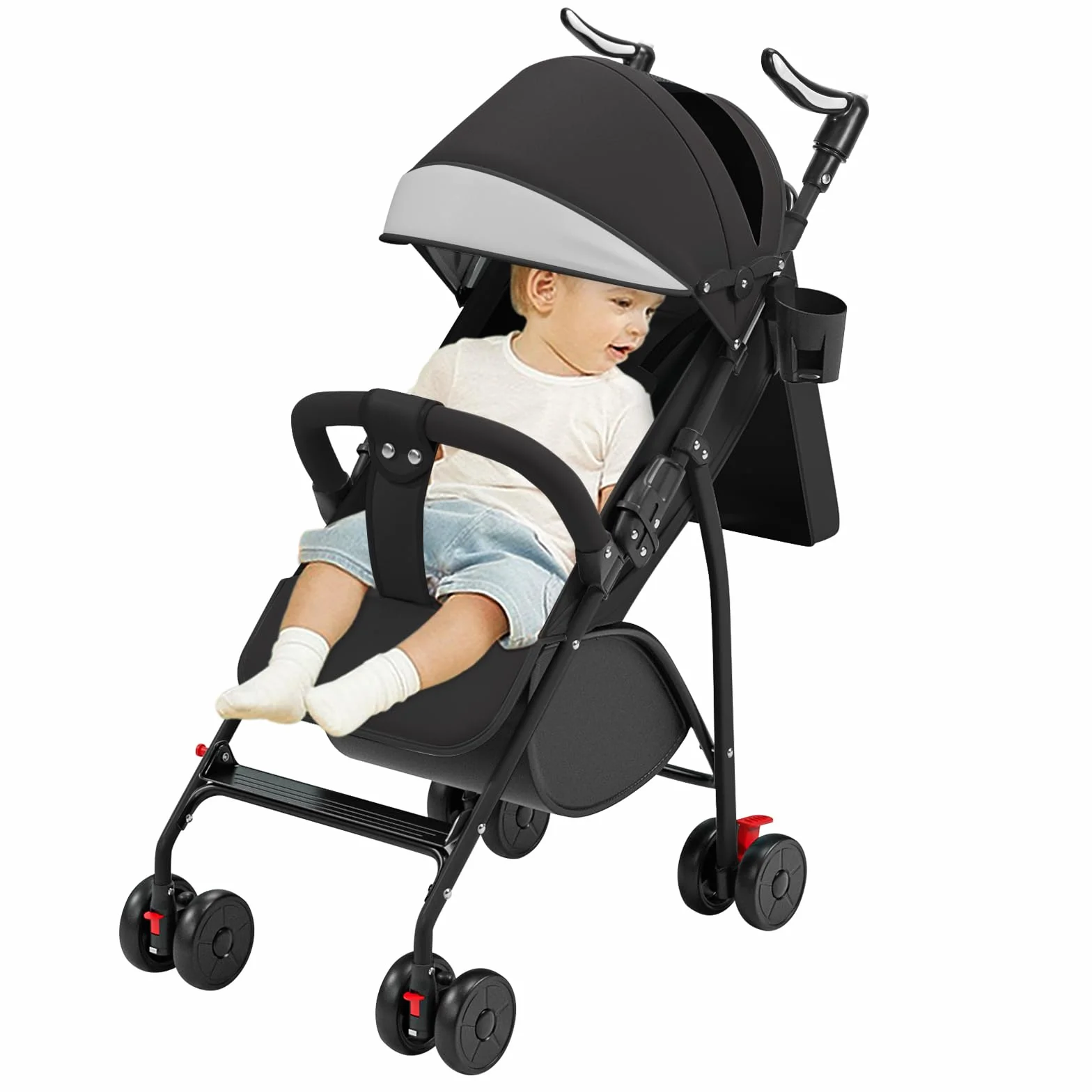 Passeggino a 4 Ruote 25 kg Pieghevole Compatto Grande Capottina Schienale Inclinabile Manubrio Regolabile