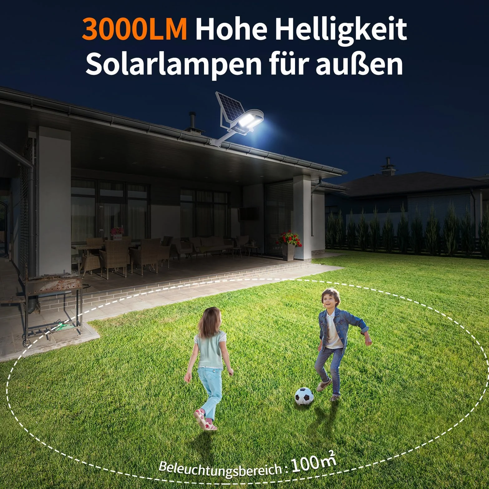 INTELAMP Lampione Solare LED Esterno, 12500mAh 3000LM Faro Con Pannello Solare da Esterno, IP65 Impermeabile Faretto LED con Sensore di Movimento, Luci da Esterno per Giardino, Terrazza, Garage