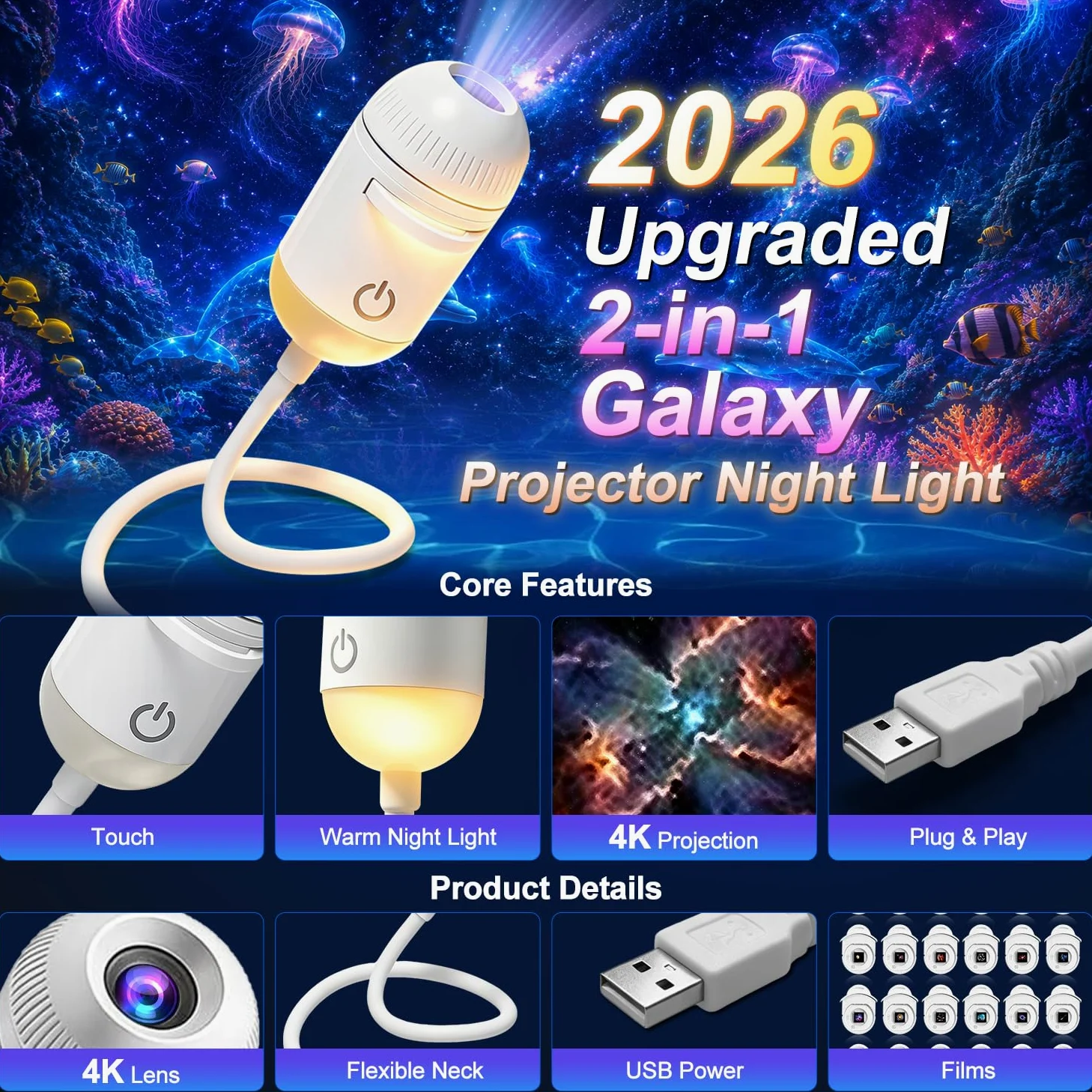 Proiettore di luce notturna della galassia, 2-in-1 USB della lampada della stella del regalo per i bambini | Luminosità regolabile, decorazione per soffitto della parete dell'auto e della stanza, 24 pellicole