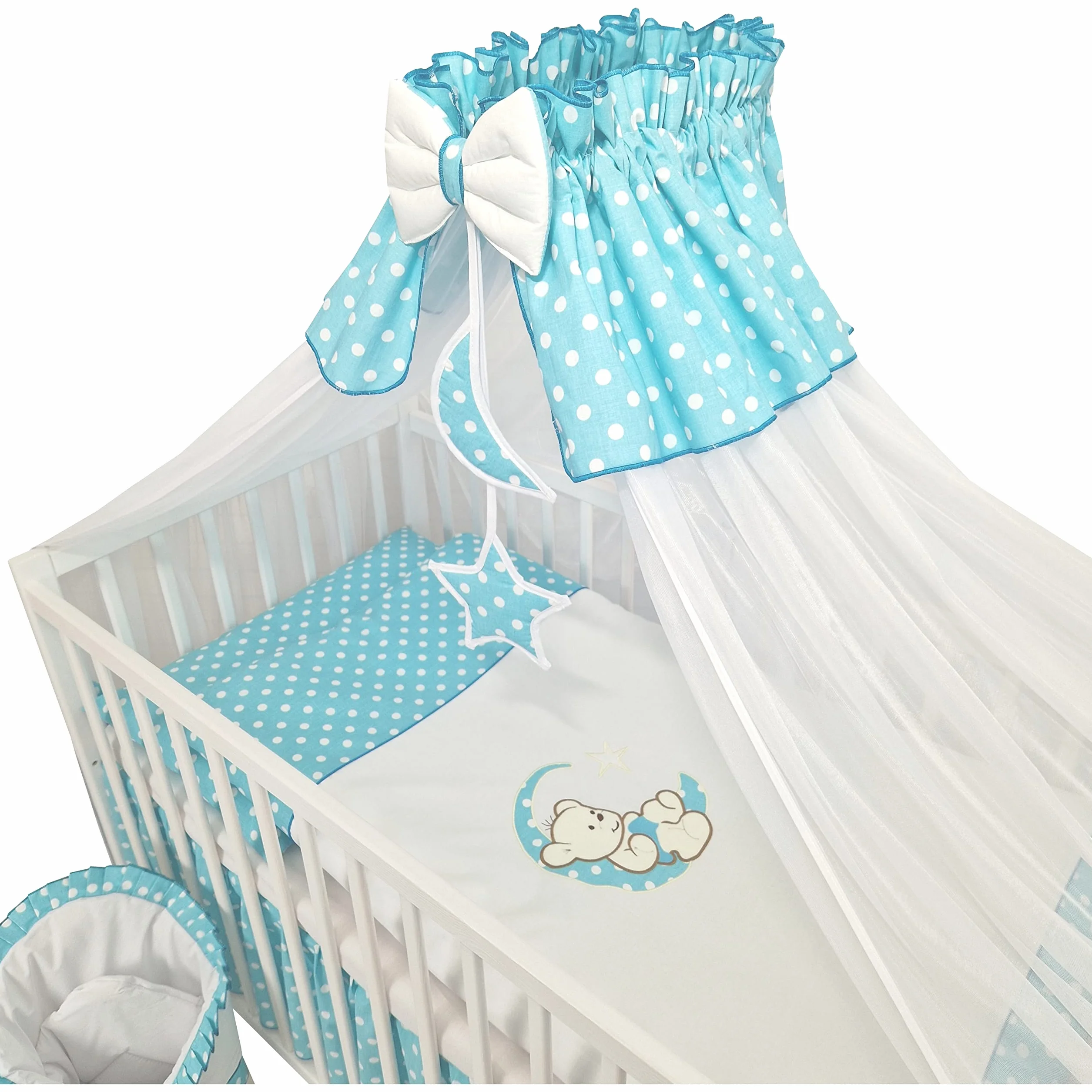 Happy Leo Set Completo 13 Pezzi Culla Lettino Materasso Regolabile Legno Massiccio Ricamato Orsetto Luna Azzurro