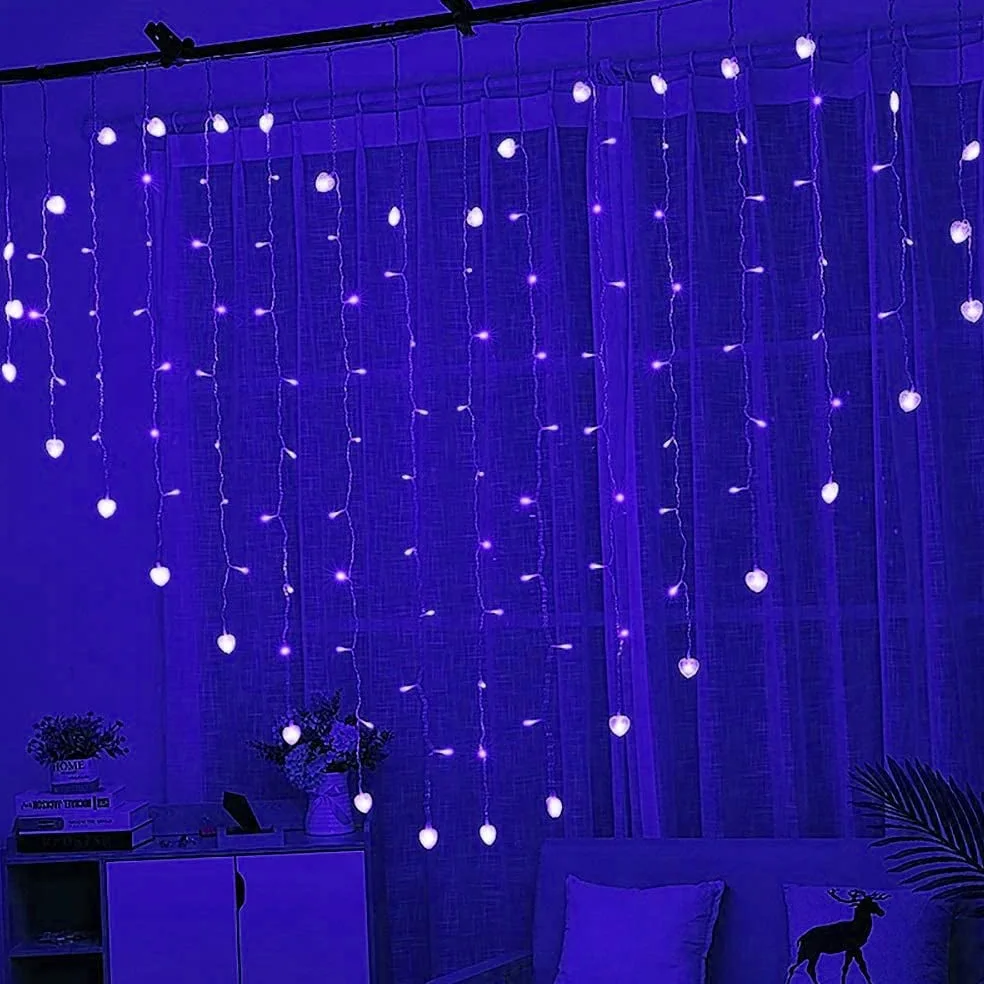 Luci fatate, Tenda Luminosa a Forma Cuore, 124 LED 124 LED 2M x 1.5M Tenda Luminosa a Forma Cuore Lampadario Porta USB Feste Camera Letto Matrimonio Decorare