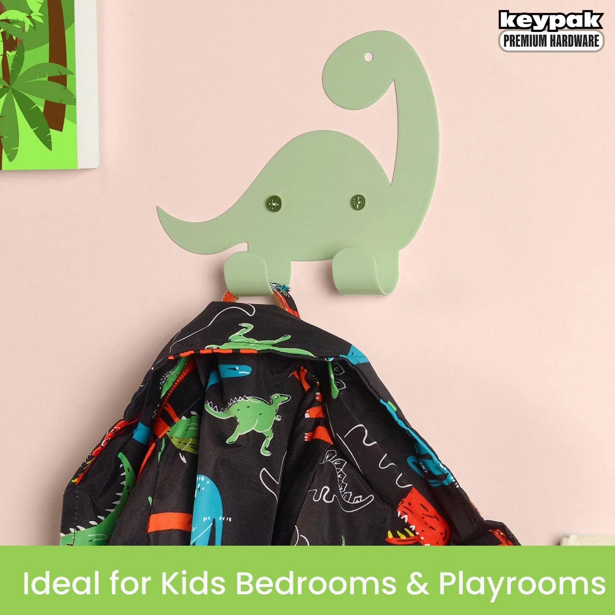 Keypak Ganci doppi a forma di dinosauro, metallo decorativi per porta e parete, camera da letto, fissaggi inclusi (verde)