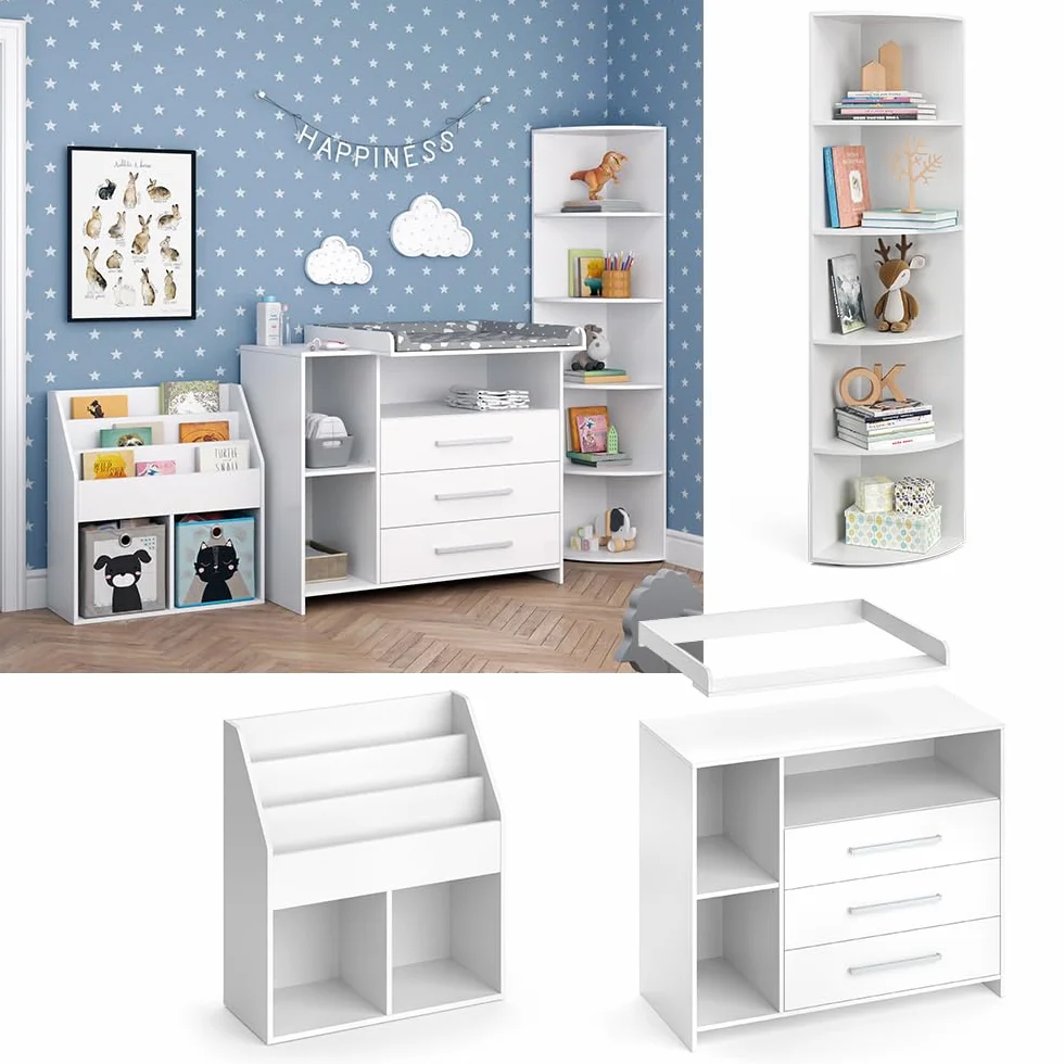 Vicco Set mobili bambini Oskar bianco 3 parti fasciatoio scaffale giocattoli libreria convertibile cassettiera