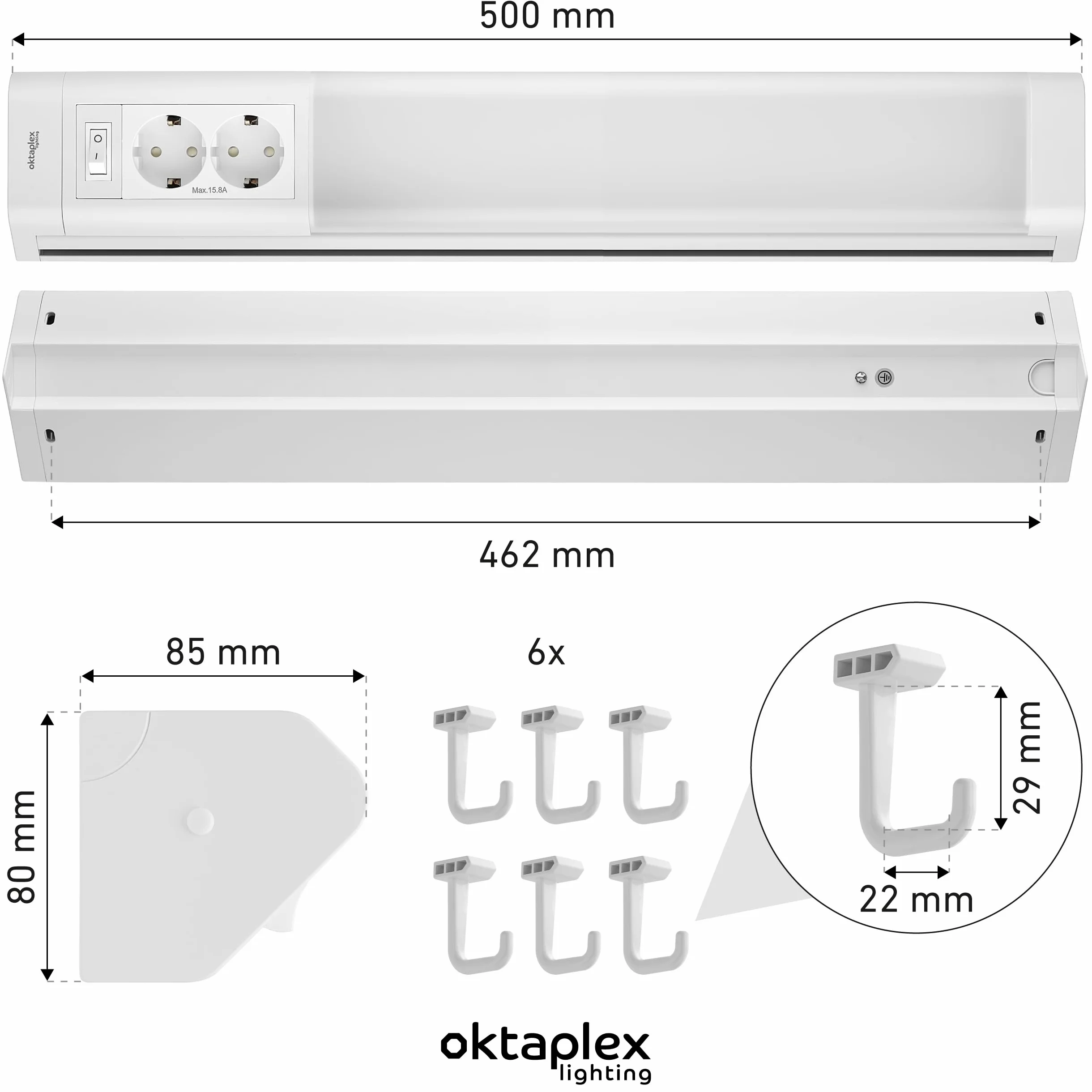 Oktaplex Talin lampada LED sottopensile con 2 prese 50 cm | 1085 lm e 9,7 W, 3000 K bianco caldo su 230 V, due prese integrate e 6 ganci per utensili