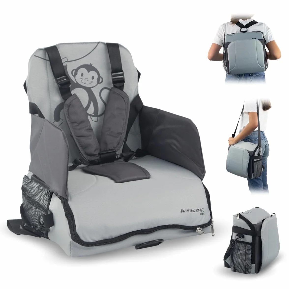 Mobiclinic Seggiolino Portatile Bambini Pieghevole Monkey 6-36 Mesi 15kg Grigio