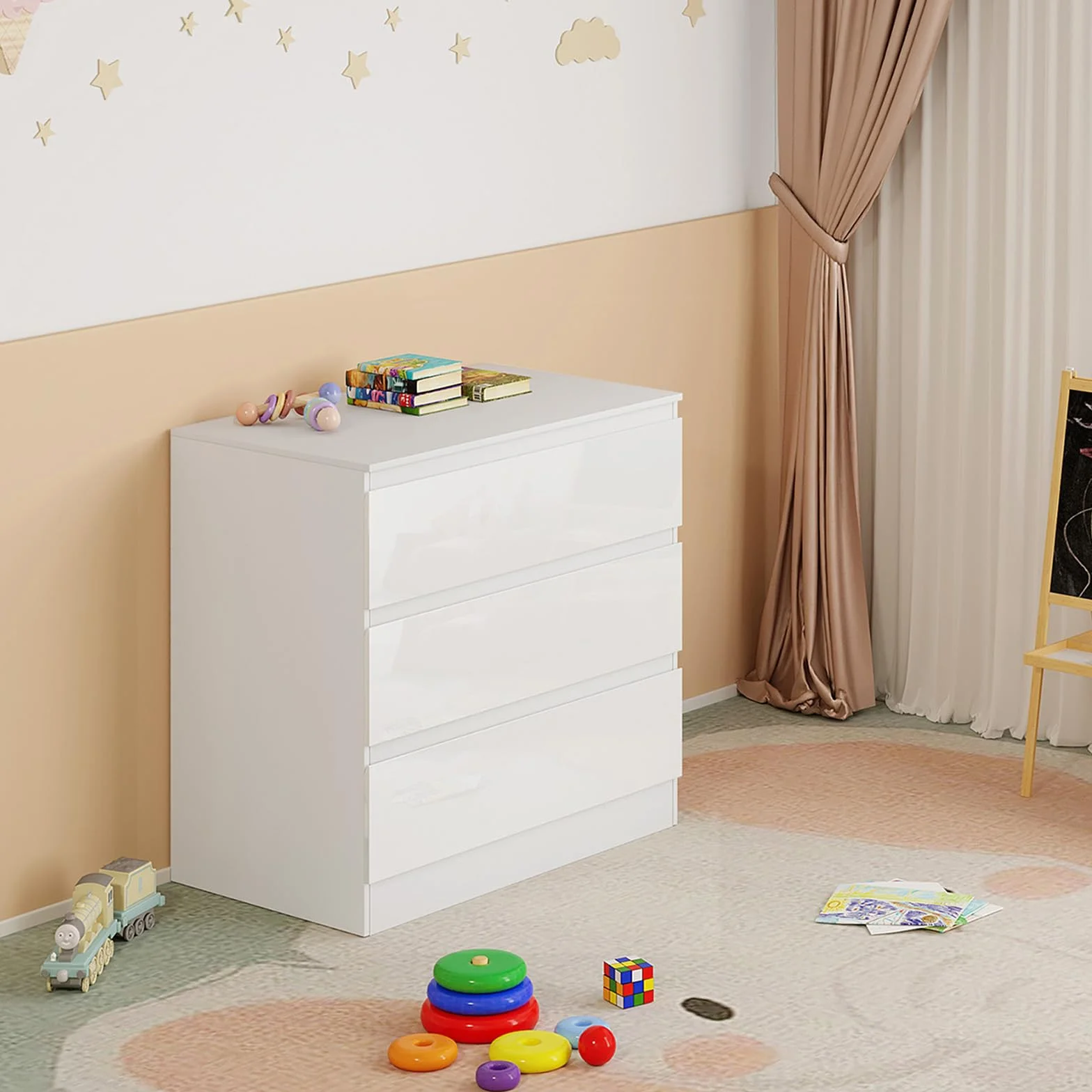 WOLTU Cassettiera con Fasciatoio per Bambini, 3 Cassetti, MDF, Truciolare e Metallo, Bianco + Bianco Lucido