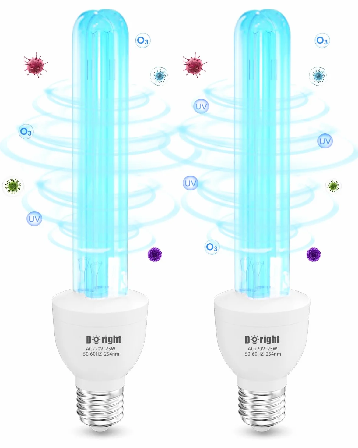 DoRight 2 Pezzo Lampada UV Ozono E27 25W Lampada Germicida Raggi UVC 254nm con Tubo al Quarzo Brine Ozono Contro Batteri Virus e Acari AC220-240V per Case, Uffici, Ristoranti e Scuola