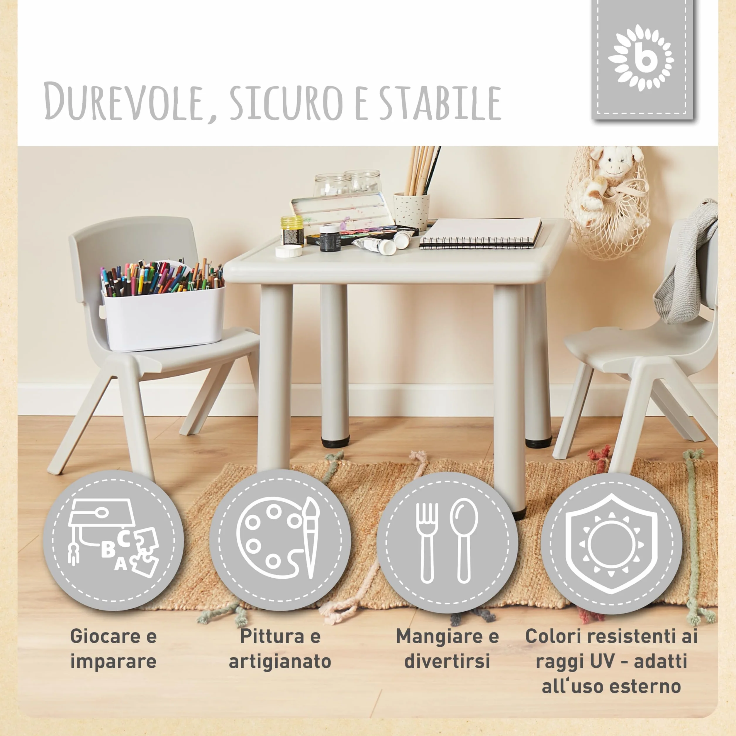 Bieco Tavolo per bambini con 2 sedie impilabile antiribaltamento per interni ed esterni