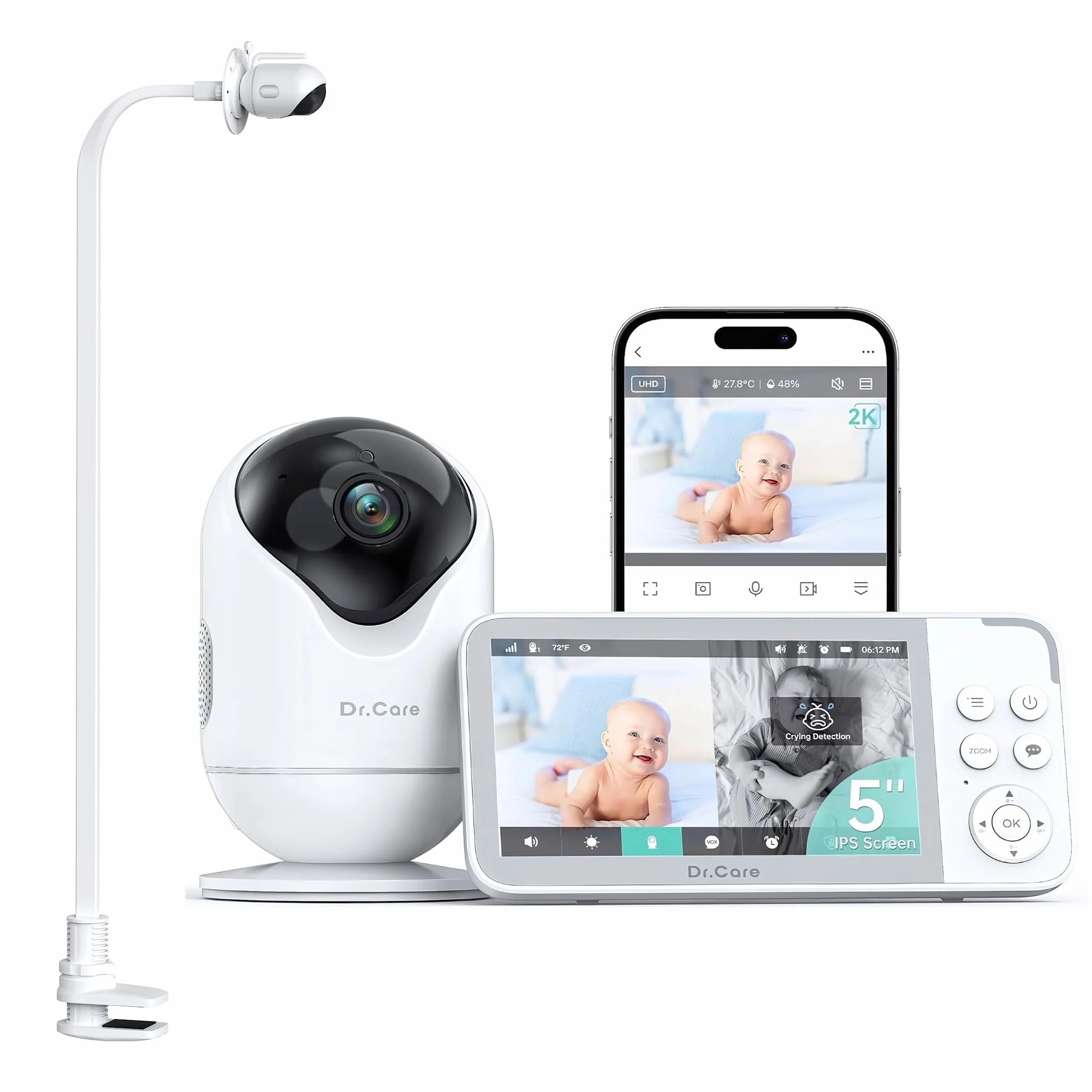 Dr.Care VistaView Baby Monitor WiFi 5” 1080P Schermo Diviso 2K/3MP Telecamera APP Mobile 5000mAh Batteria HD Visione Notturna Allarmi Pianto Movimento Audio Bidirezionale 390m