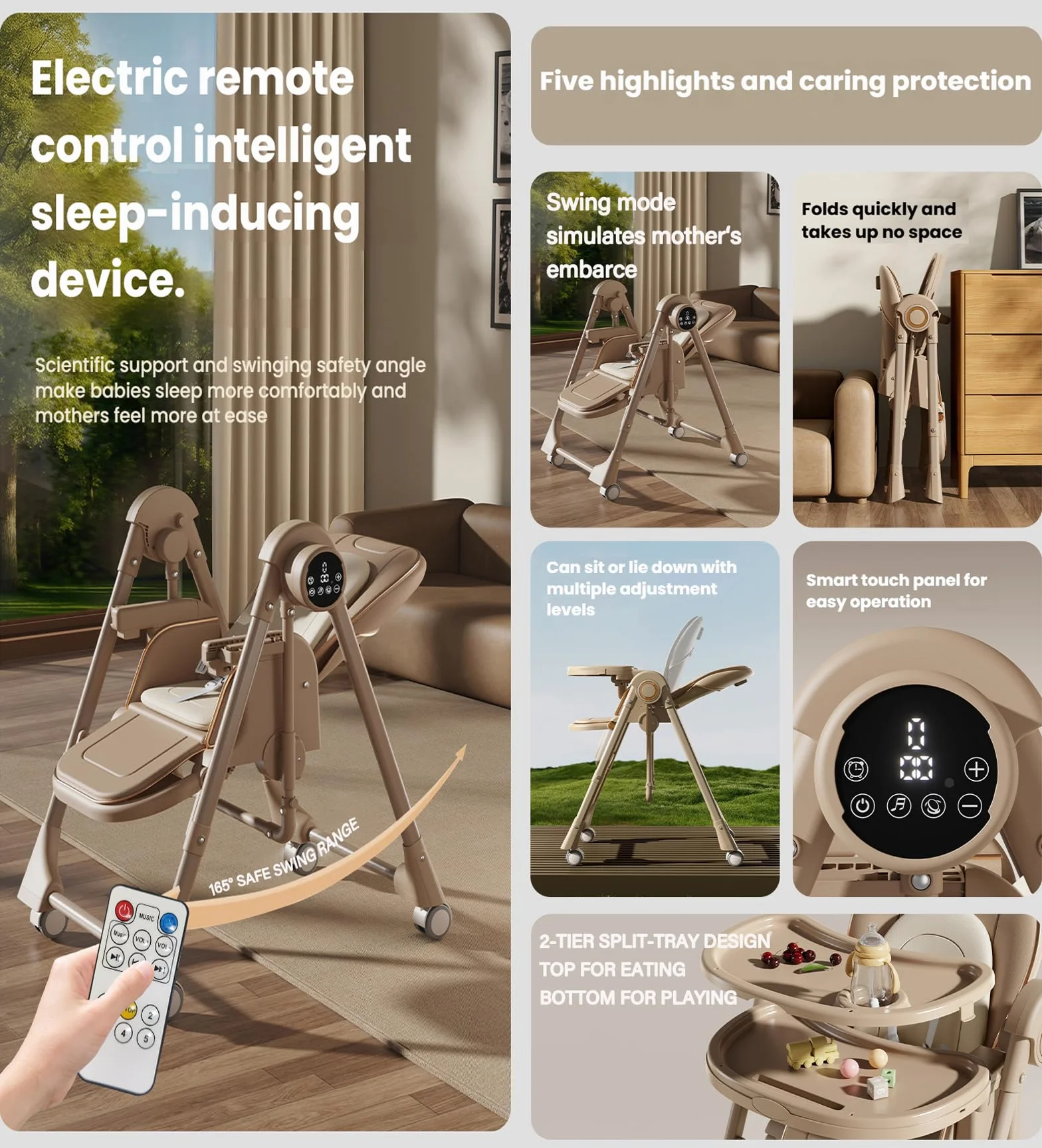 MoLi Seggiolone Elettrico Bluetooth Pelle PU con Funzione di Dondolo Vassoio a Doppio Strato (E8121 Khaki)