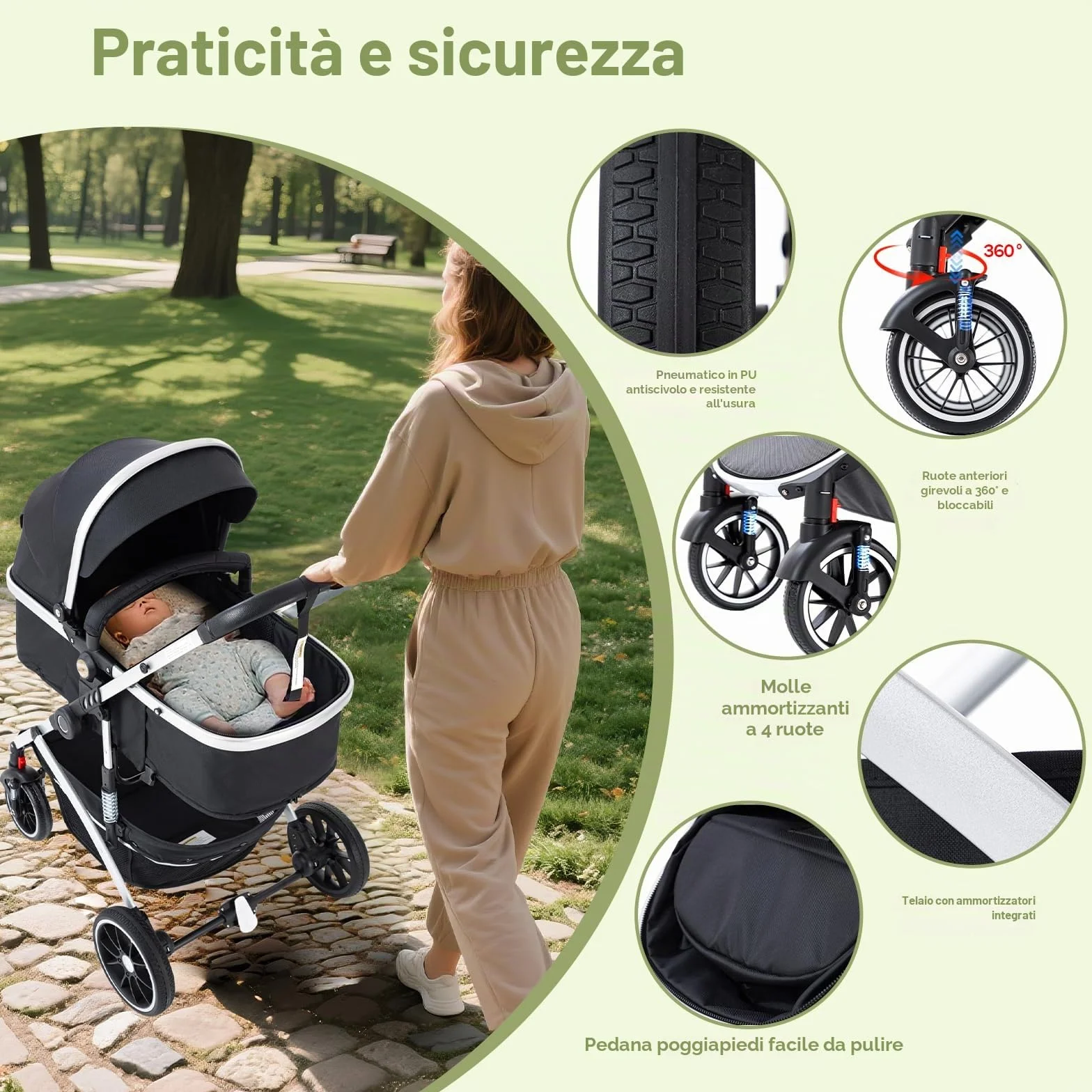 Passeggino 3 in 1 con seggiolino auto pieghevole telaio alluminio per neonati 0-4 anni