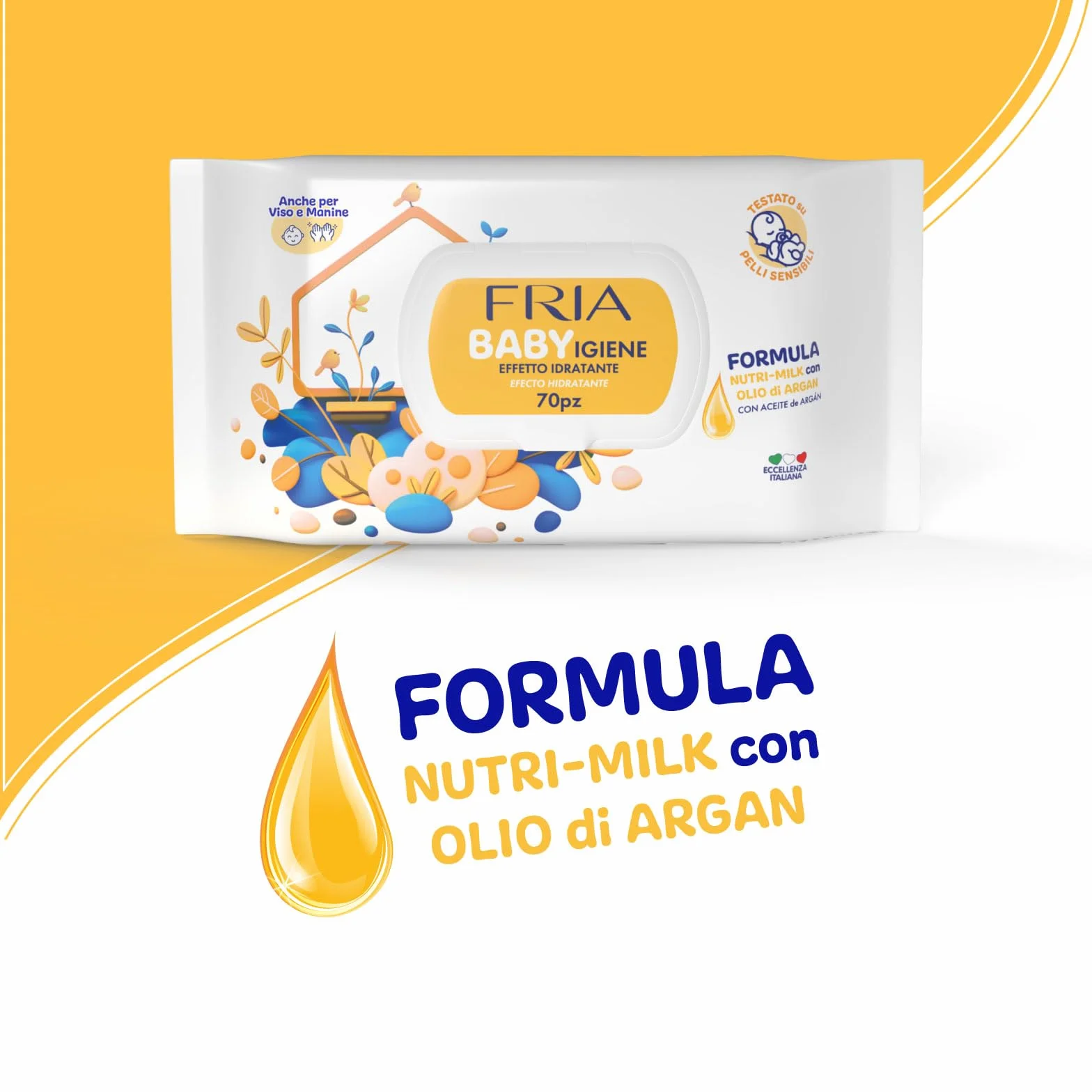 Fria Baby Salviette per Cambio Pannolino con Olio di Argan e Nutrimilk, Idratanti, 70 Pezzi