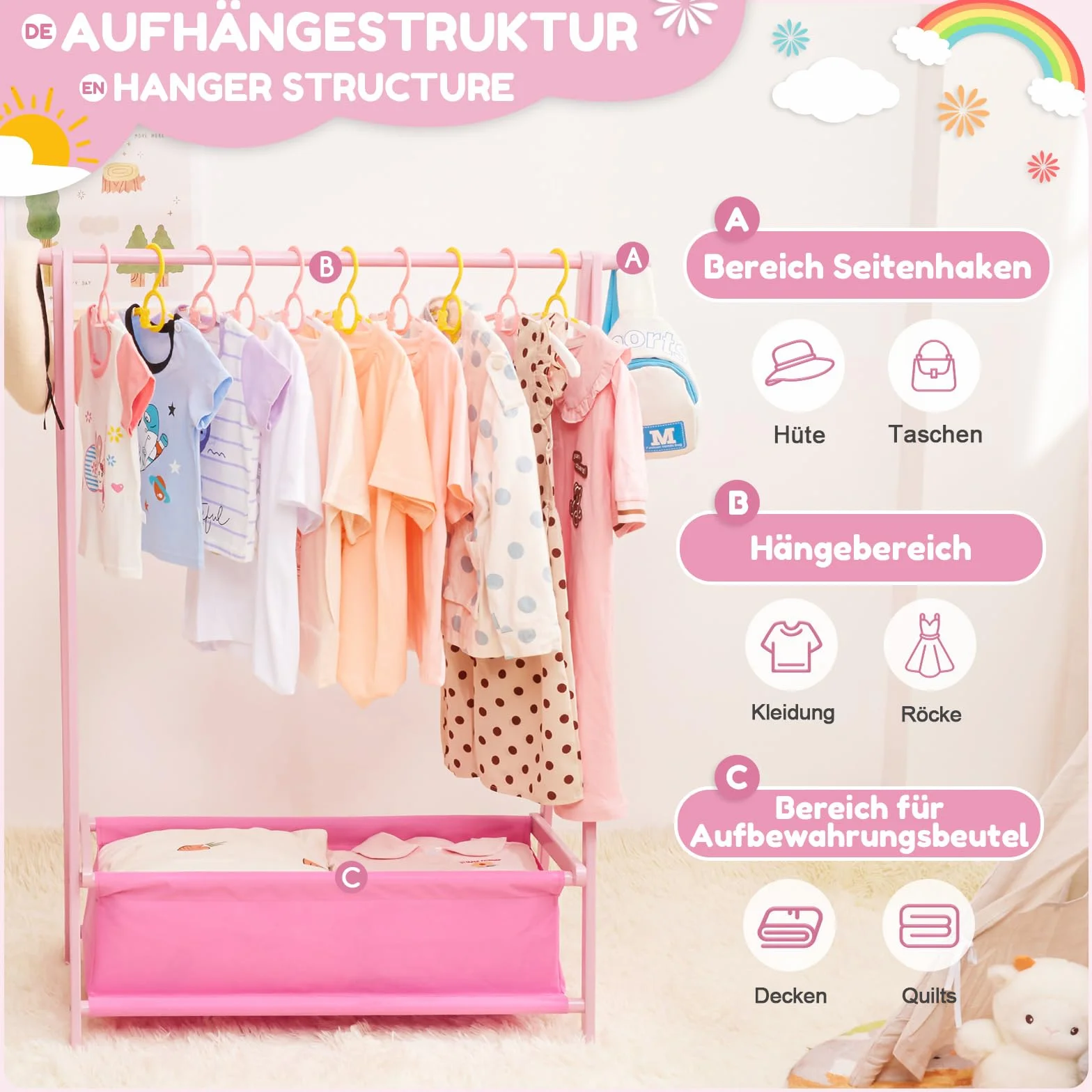 Yorbay Scaffale per Abbigliamento per Bambini con Contenitore, Pieghevole, Bambù