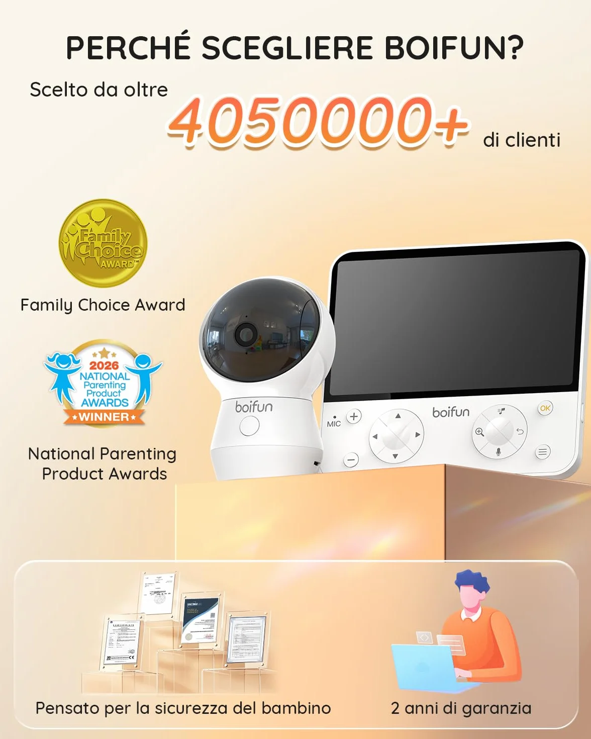 Boifun Baby Monitor 5.5" Video Audio 4MP 360° Zoom 4X WiFi AI Intelligente Audio Bidirezionale Luce Notturna 4000mAh
