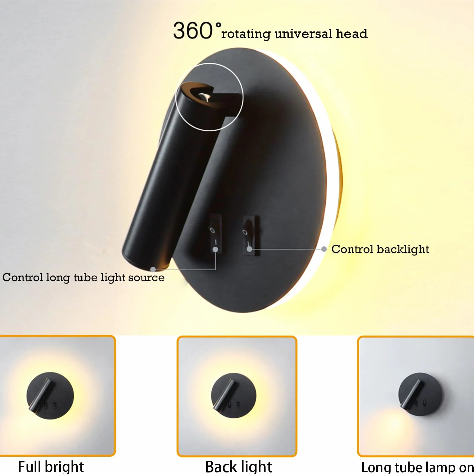 Lampada da parete a LED, lampada da parete da lettura sul comodino, lampade da lettura a parete a LED da 12 W, faretto regolabile （3W + 9W 3000K luce calda） nero (Nero（Forma rotonda） 2PCS)