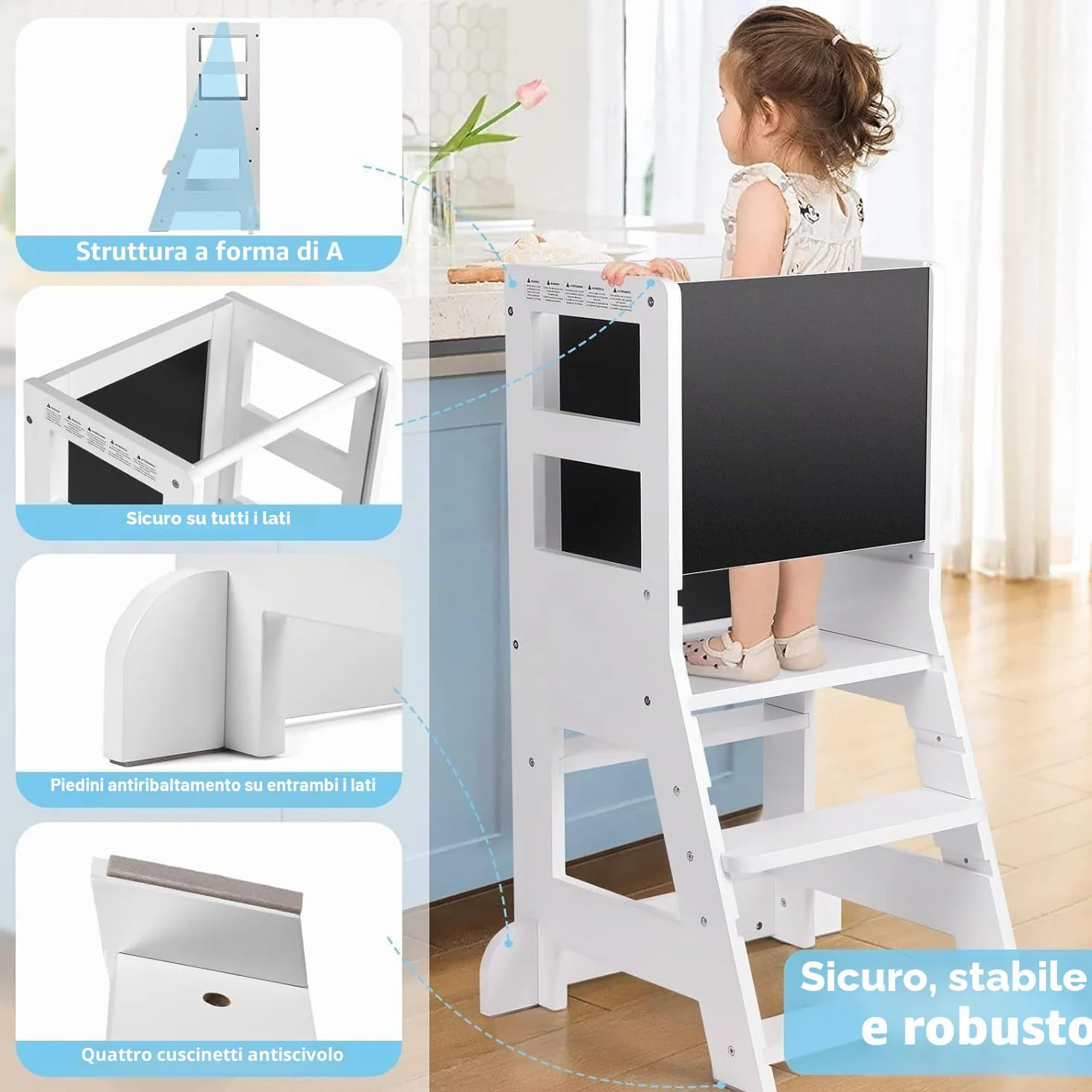 Torre Montessoriana Bambini 3 Livelli Regolabili Altezza Lavagna Magnetica Rimovibile Bianco