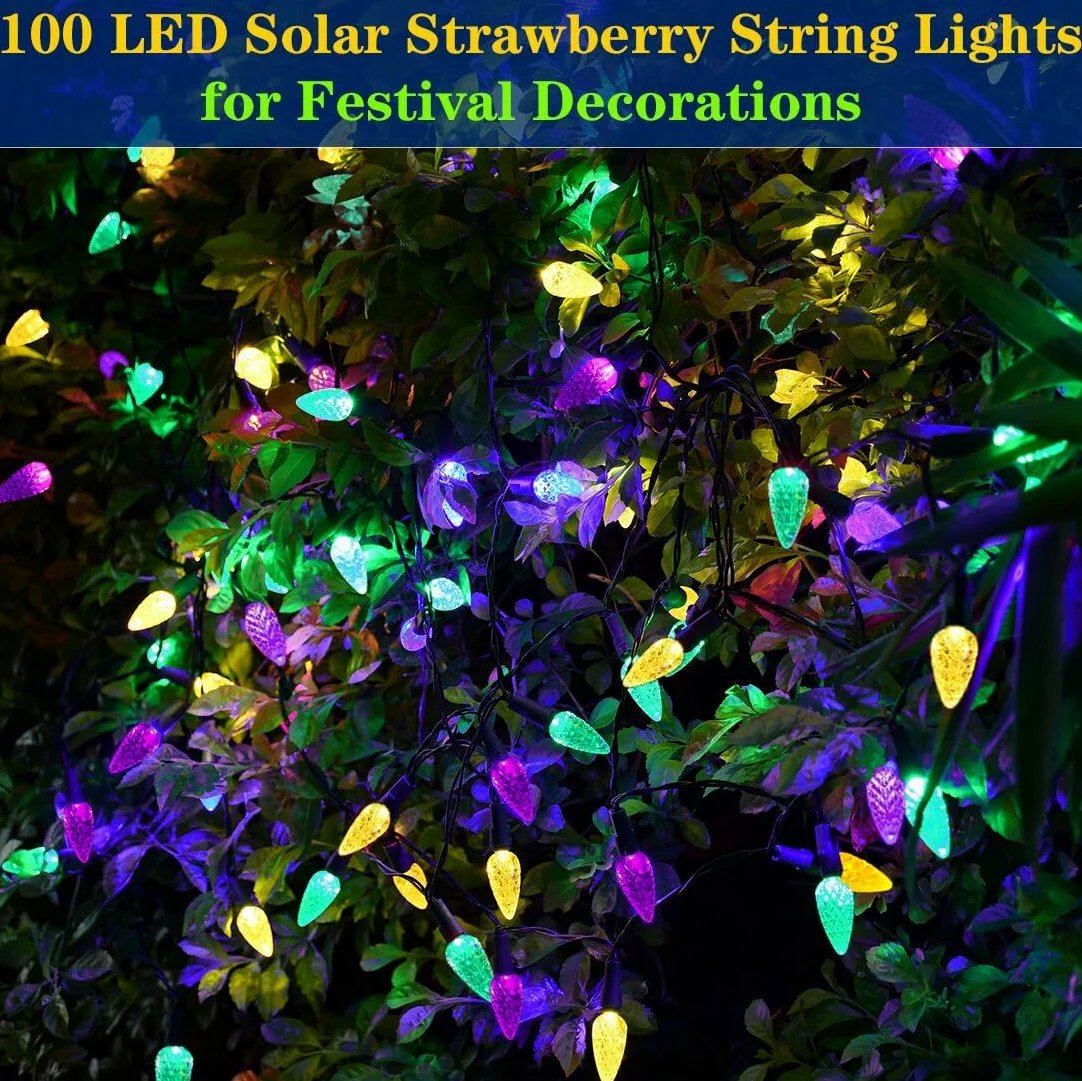 Luci solari a forma di fragola, per Halloween, Natale, Mardi Gras, 100 LED, 8 modalità, luci di Natale solari per esterni, martedì grasso, albero di Natale, campeggio, balcone, decorazione per feste