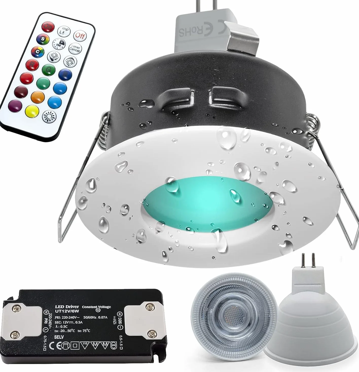 Faretto bianco incasso IP65 Led cromoterapia box doccia bagno LED GU5.3 RGB RGBW 6W 12V alimentatore doccia sensoriale bagno turco vasca da bagno giochi ed effetti di luce [DIMMERABILE]