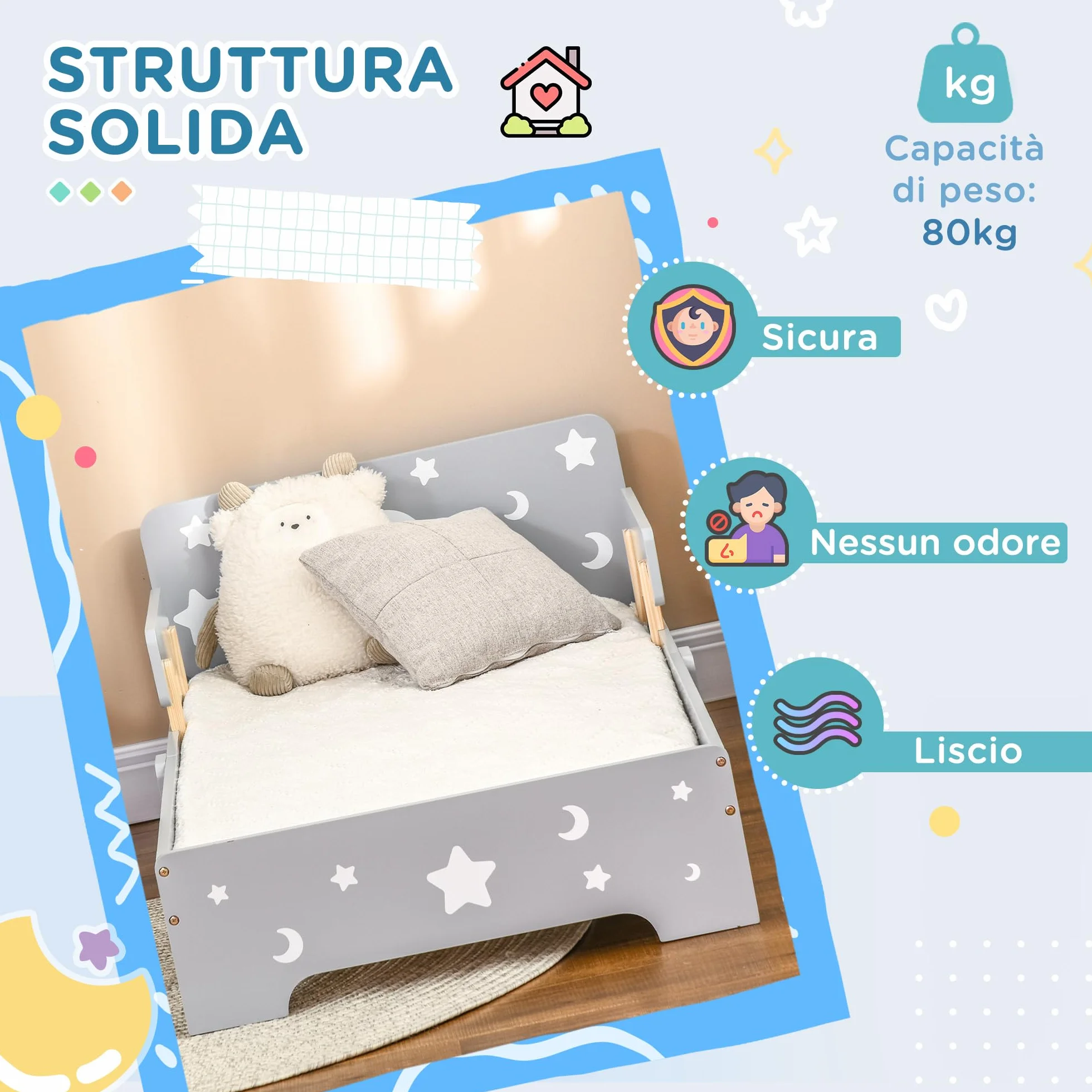 ZONEKIZ Set per Bambini 3-6 Anni con Lettino 143x76x49 cm, Mobile Portagiochi 63x30x60 cm e Cassapanca 60x30x50 cm, Grigio